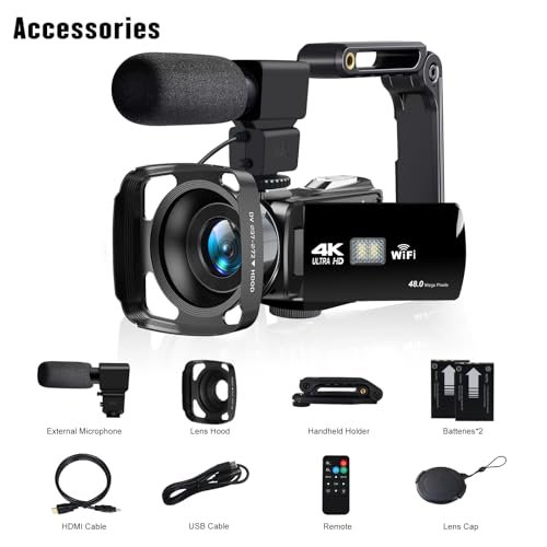 lovpo Camcorder Video Camera 4K 48MP HD Camera Recorder, 18X Digital Zoo 3″ Touch Screen Vlogging Camera for YouTube with Microphone, Stabilizer, Lens Hood, Remote and 2 Batteries