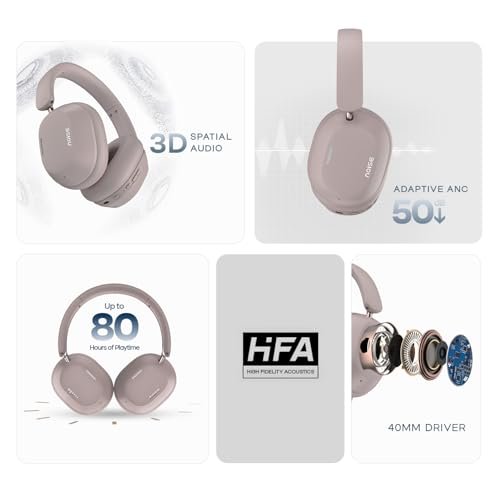 Noise Airwave Max 5 Wireless Over-Ear Headphones with Adaptive Hybrid ANC (up to 50dB), HFA Tech, 80H Playtime, Dual Pairing(Mauve Haze)