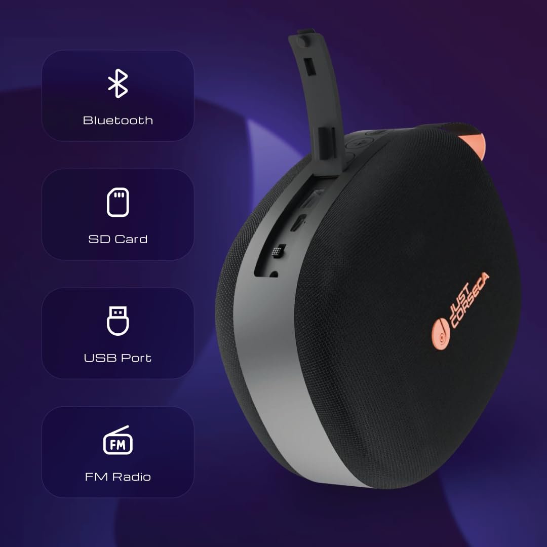 JUST CORSECA Seagle Wireless Speaker | 30W Power (2x15W) | Bluetooth 5.3 | 30 Hours Playtime | TWS Stereo | USB, TF, BT & FM Playback | Splash Proof | 2400mAh Battery (Black) - Image 5