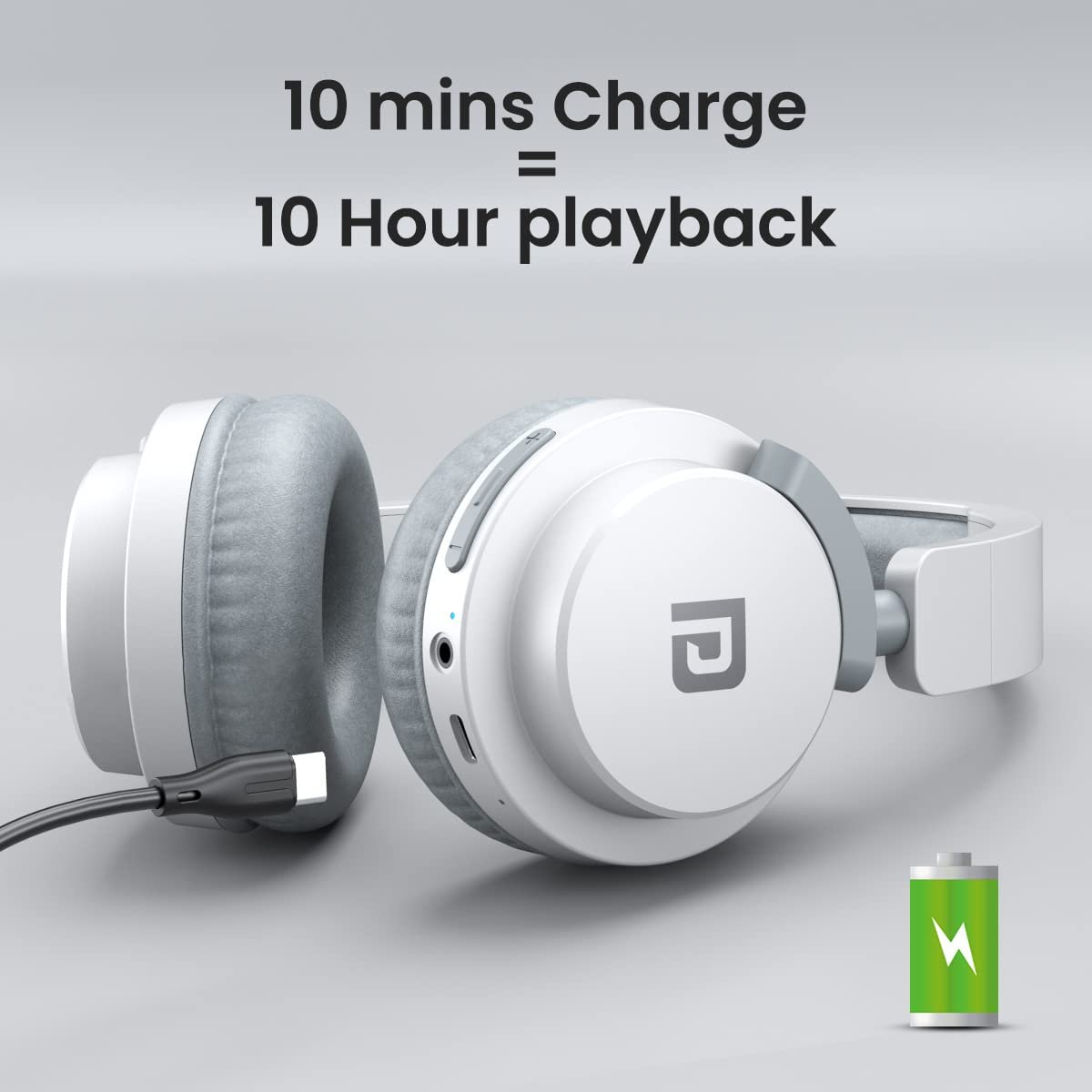 Portronics Muffs M2 Bluetooth Headphones Over Ear with Upto 40 Hrs Playtime, 40mm Dynamic Drivers, AUX 3.5mm, Powerful Bass, Laptop & PC Support,Type C Charging Port, Foldable Design(White)