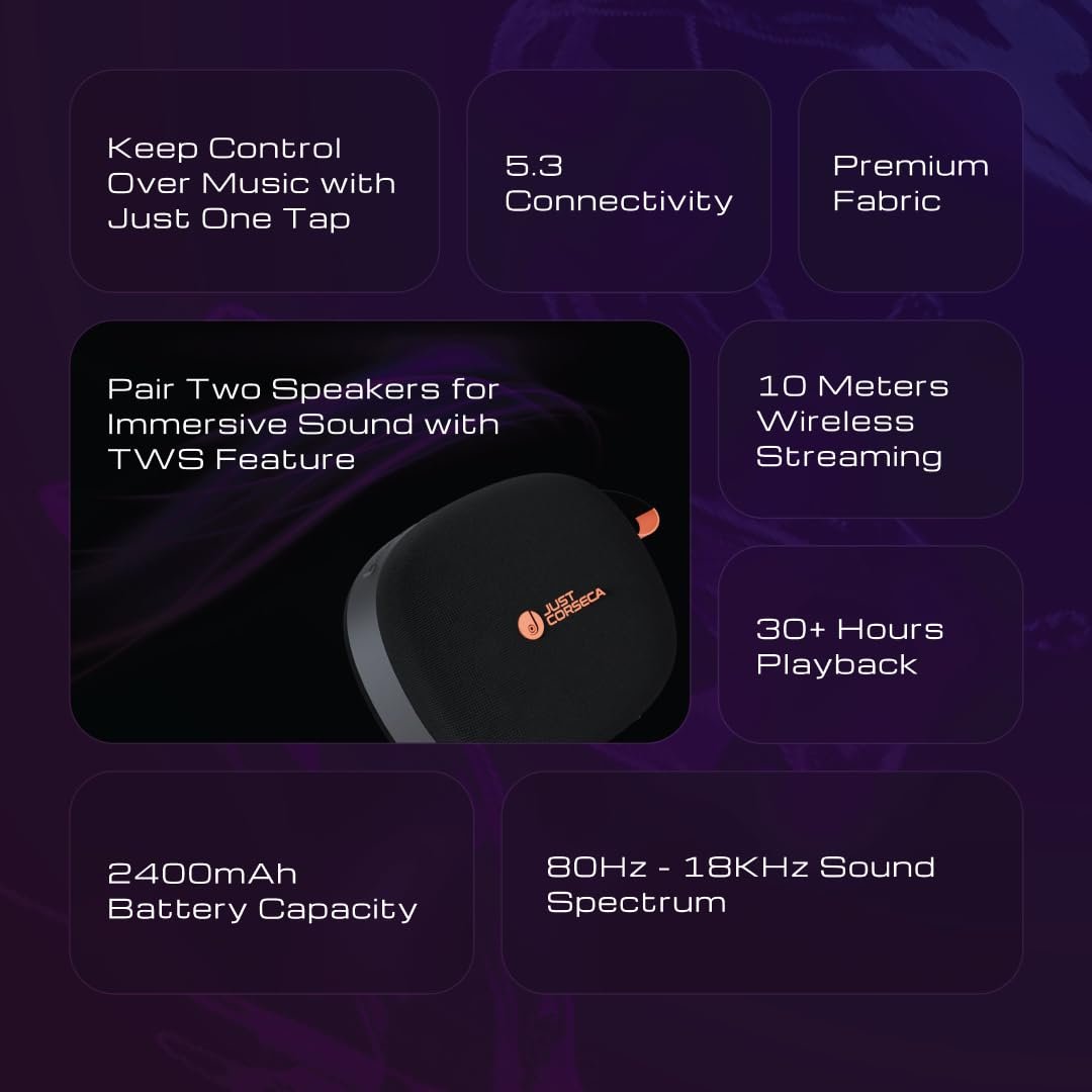 JUST CORSECA Seagle Wireless Speaker | 30W Power (2x15W) | Bluetooth 5.3 | 30 Hours Playtime | TWS Stereo | USB, TF, BT & FM Playback | Splash Proof | 2400mAh Battery (Black) - Image 3