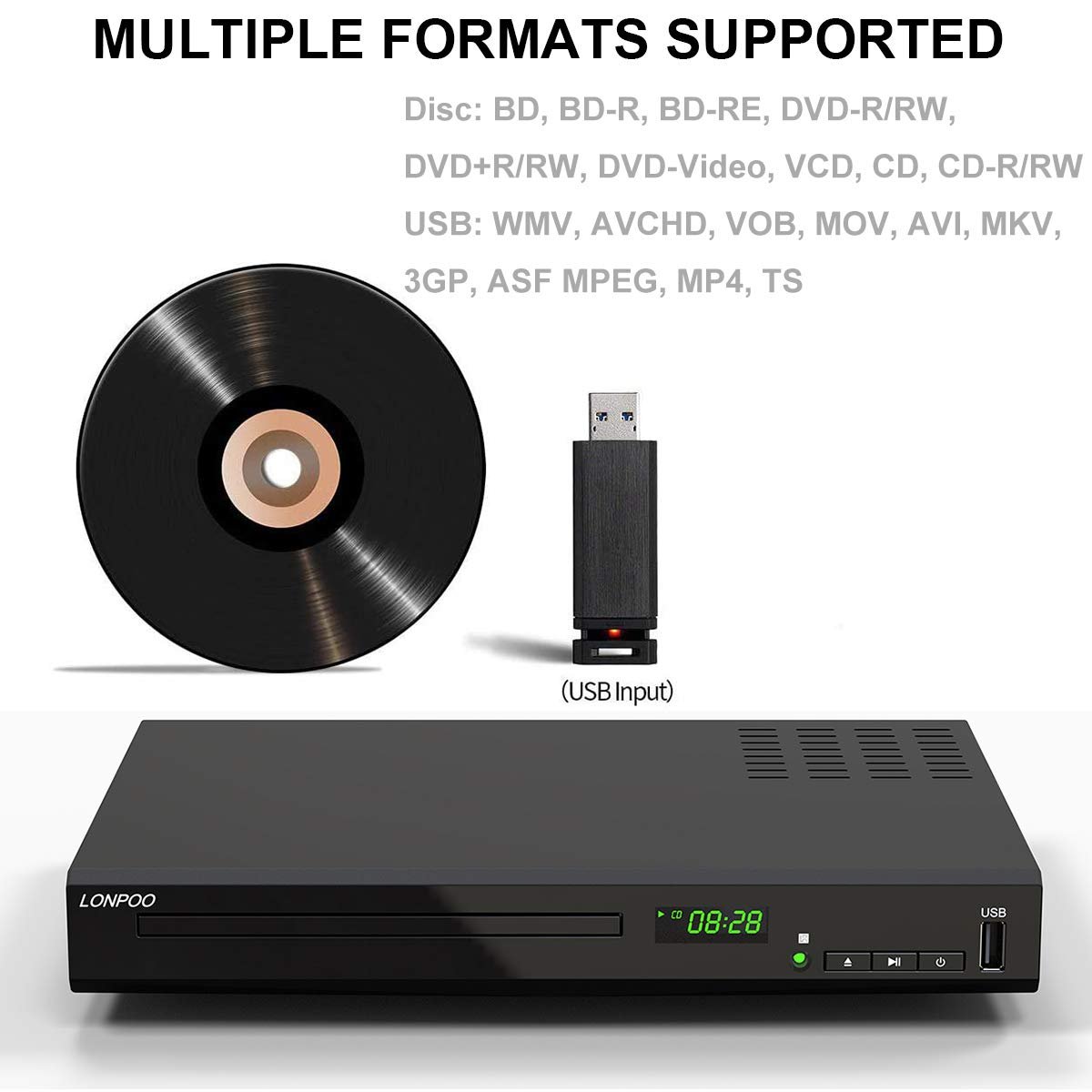HD Blu-Ray Disc Player for TV with HDMI & AV Cables, Upscaling TV CD DVD Player 1080P, Built-in PAL NTSC, HDMI AV Coaxial Output USB Input - Image 7