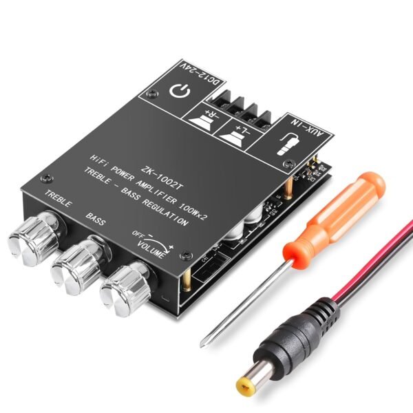 ZK-1002T 2x100W HiFi Stereo Audio Amplifier Board | TPA3116D2 Class D AMP Module with Bass, Treble & Volume Control | DC 12V–24V Input | Aluminum Case & DIY Kit for Speaker Systems
