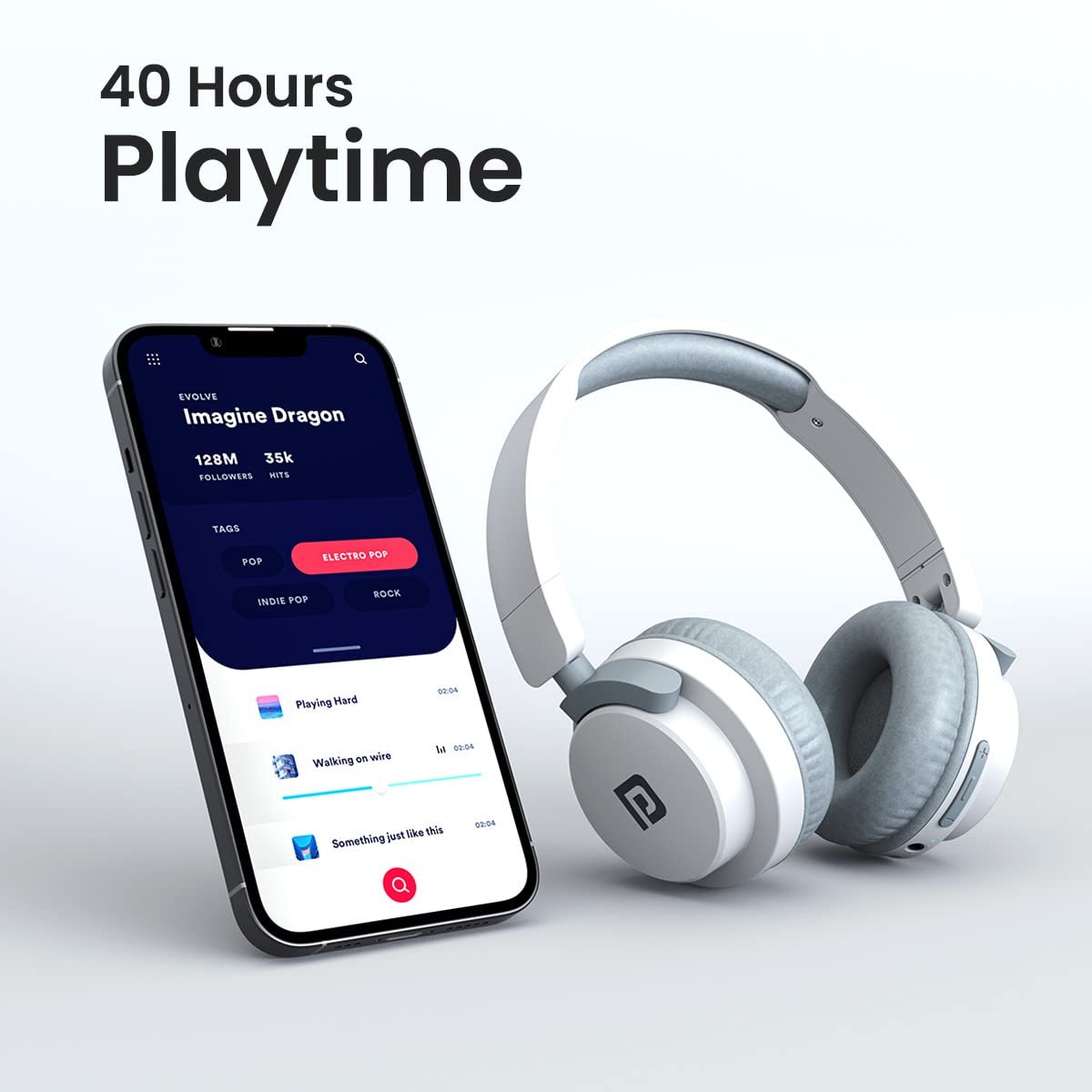 Portronics Muffs M2 Bluetooth Headphones Over Ear with Upto 40 Hrs Playtime, 40mm Dynamic Drivers, AUX 3.5mm, Powerful Bass, Laptop & PC Support,Type C Charging Port, Foldable Design(White) - Image 7