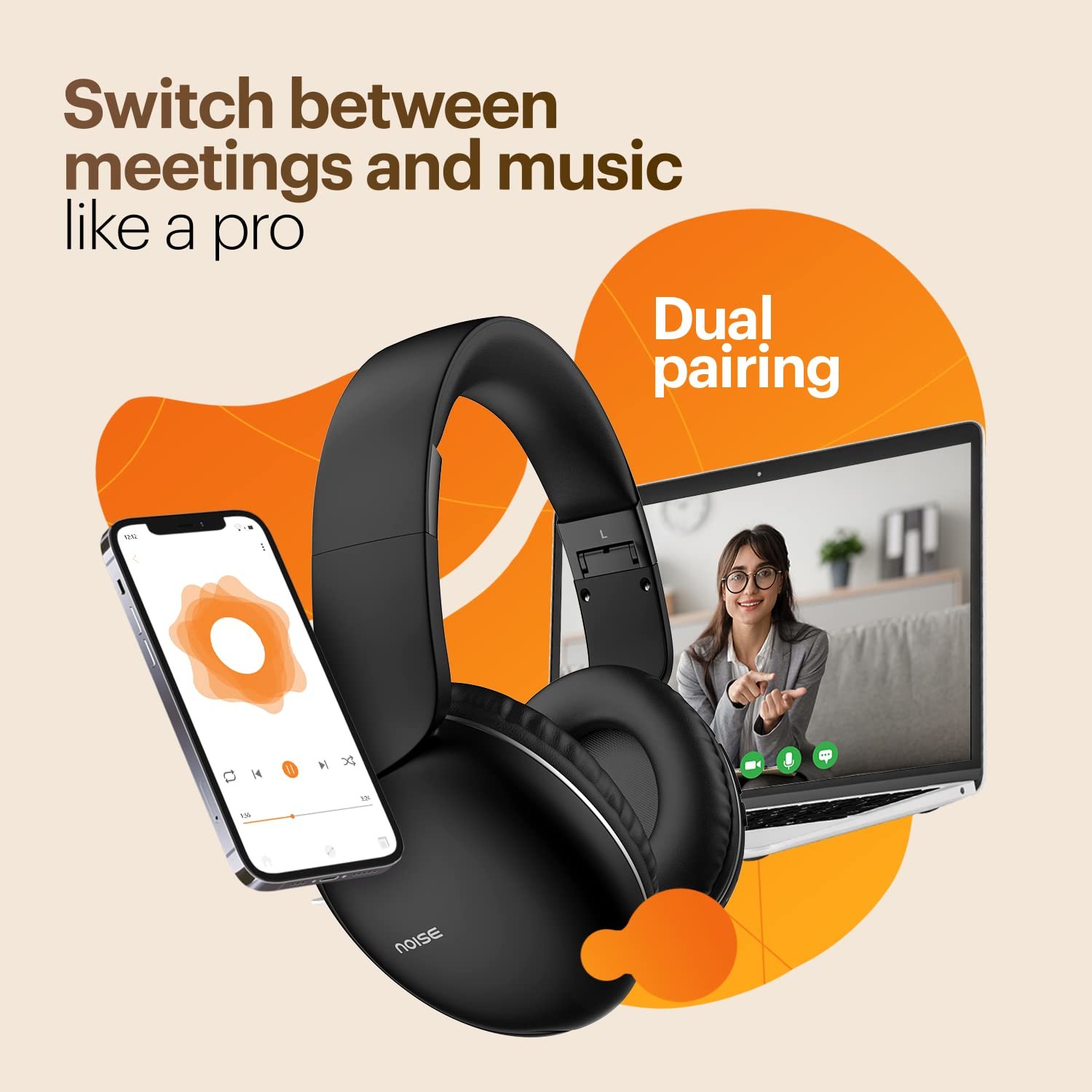 Noise Two Wireless On Ear Headphones with 50 Hours Playtime, Low Latency(up to 45ms), 4 Play Modes, Dual Pairing, BT v5.3 (Bold Black) - Image 5