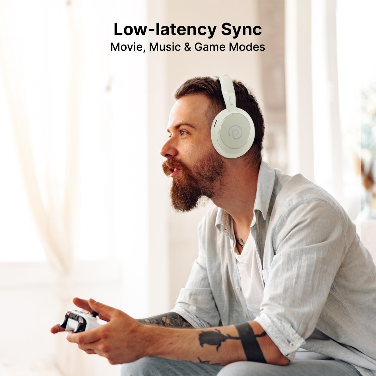 pTron Studio Evo 70hrs Playtime Wireless Over Ear Headphones with HD Mic, Low-Latency Game/Movie/Music Modes, Punchy Bass, BT5.3, Dual Device Pairing, Voice Assistant & Type-C Fast Charging (Beige) - Image 6