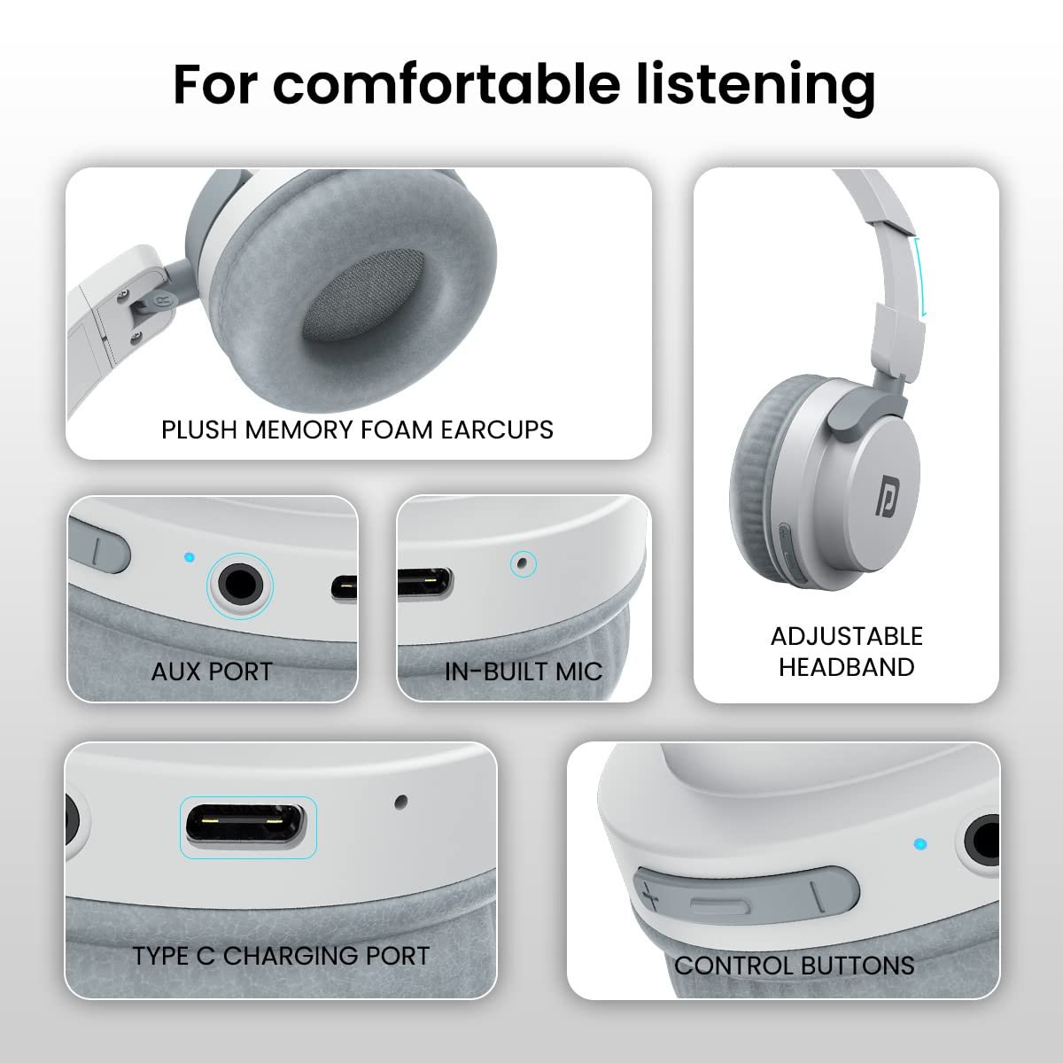Portronics Muffs M2 Bluetooth Headphones Over Ear with Upto 40 Hrs Playtime, 40mm Dynamic Drivers, AUX 3.5mm, Powerful Bass, Laptop & PC Support,Type C Charging Port, Foldable Design(White) - Image 3