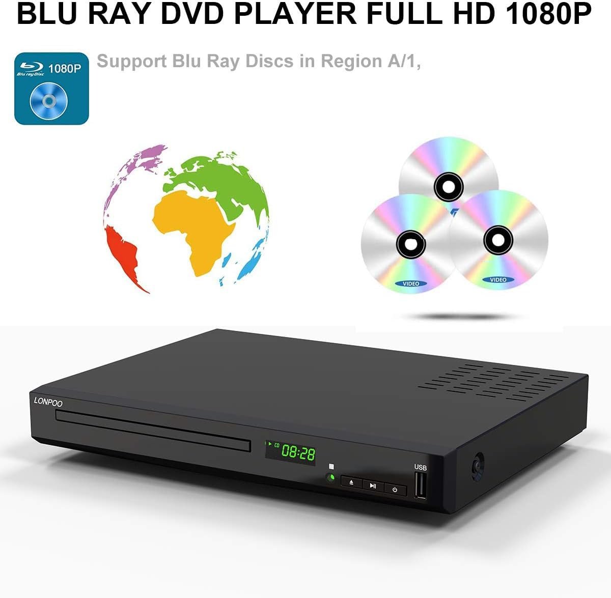 HD Blu-Ray Disc Player for TV with HDMI & AV Cables, Upscaling TV CD DVD Player 1080P, Built-in PAL NTSC, HDMI AV Coaxial Output USB Input - Image 5