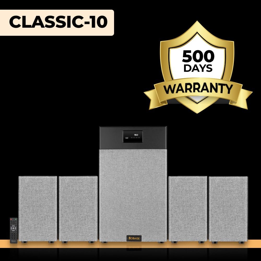 OBAGE Classic-10 4.1 Home Theatre System | 350W Peak Output | 10″ Woofer | Bluetooth 5.3, HDMI ARC, Optical in, USB, FM, AUX | Powerful Bass Surround Sound for TV, Music & Movies