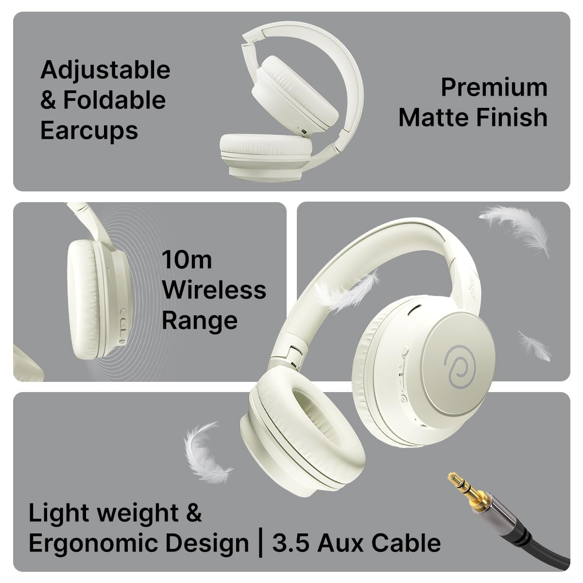 pTron Studio Evo 70hrs Playtime Wireless Over Ear Headphones with HD Mic, Low-Latency Game/Movie/Music Modes, Punchy Bass, BT5.3, Dual Device Pairing, Voice Assistant & Type-C Fast Charging (Beige)