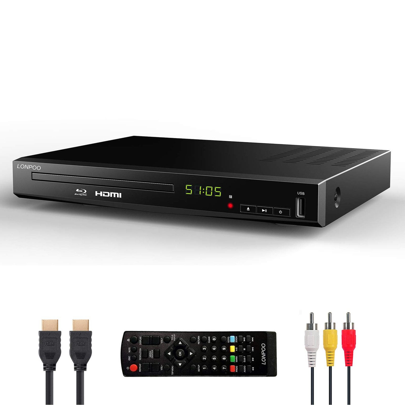 HD Blu-Ray Disc Player for TV with HDMI & AV Cables, Upscaling TV CD DVD Player 1080P, Built-in PAL NTSC, HDMI AV Coaxial Output USB Input