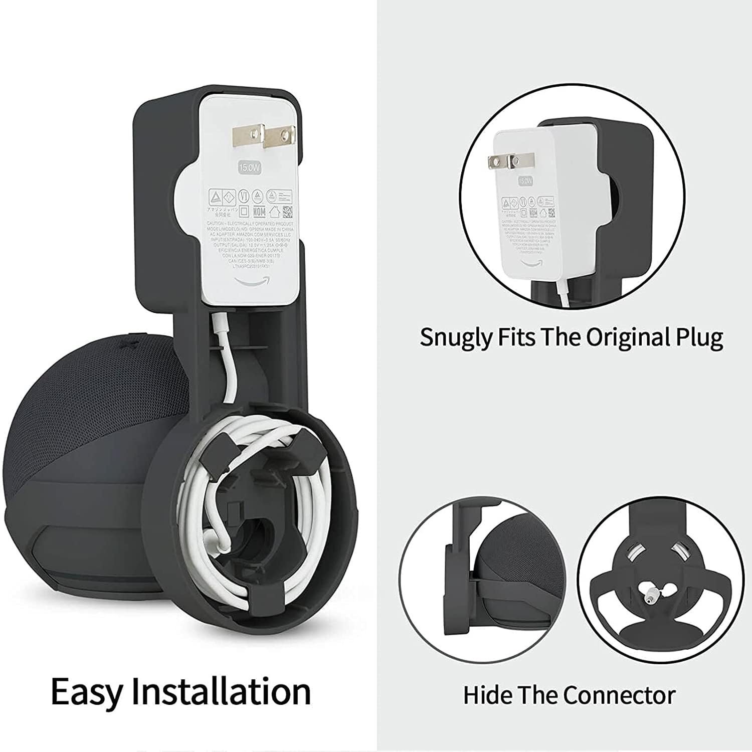 Saifsmart Outlet Wall Mount Hanger Holder Stand Accessories Case Built-in Plug Cable Management for Echo Dot 4th Gen/Echo Dot 5th Gen Smart Speaker (Black) - Image 9