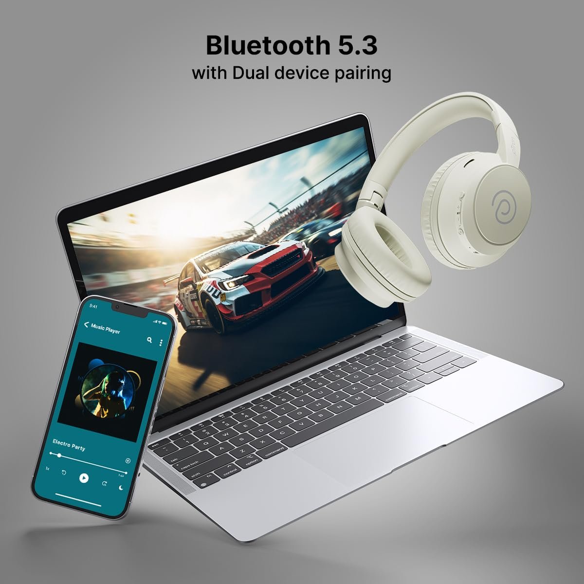 pTron Studio Evo 70hrs Playtime Wireless Over Ear Headphones with HD Mic, Low-Latency Game/Movie/Music Modes, Punchy Bass, BT5.3, Dual Device Pairing, Voice Assistant & Type-C Fast Charging (Beige) - Image 4