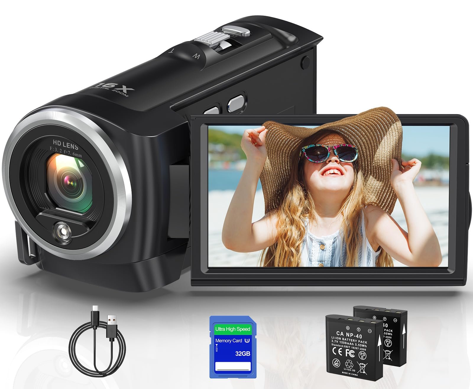 Gcasio 2.7K Video Camera Camcorder QHD 50MP YouTube Vlogging Camera Webcam 16X Digital Zoom with 32G SD Card 270 Degree Rotation Screen Camcorders and 2 Batteries Recording While Charging