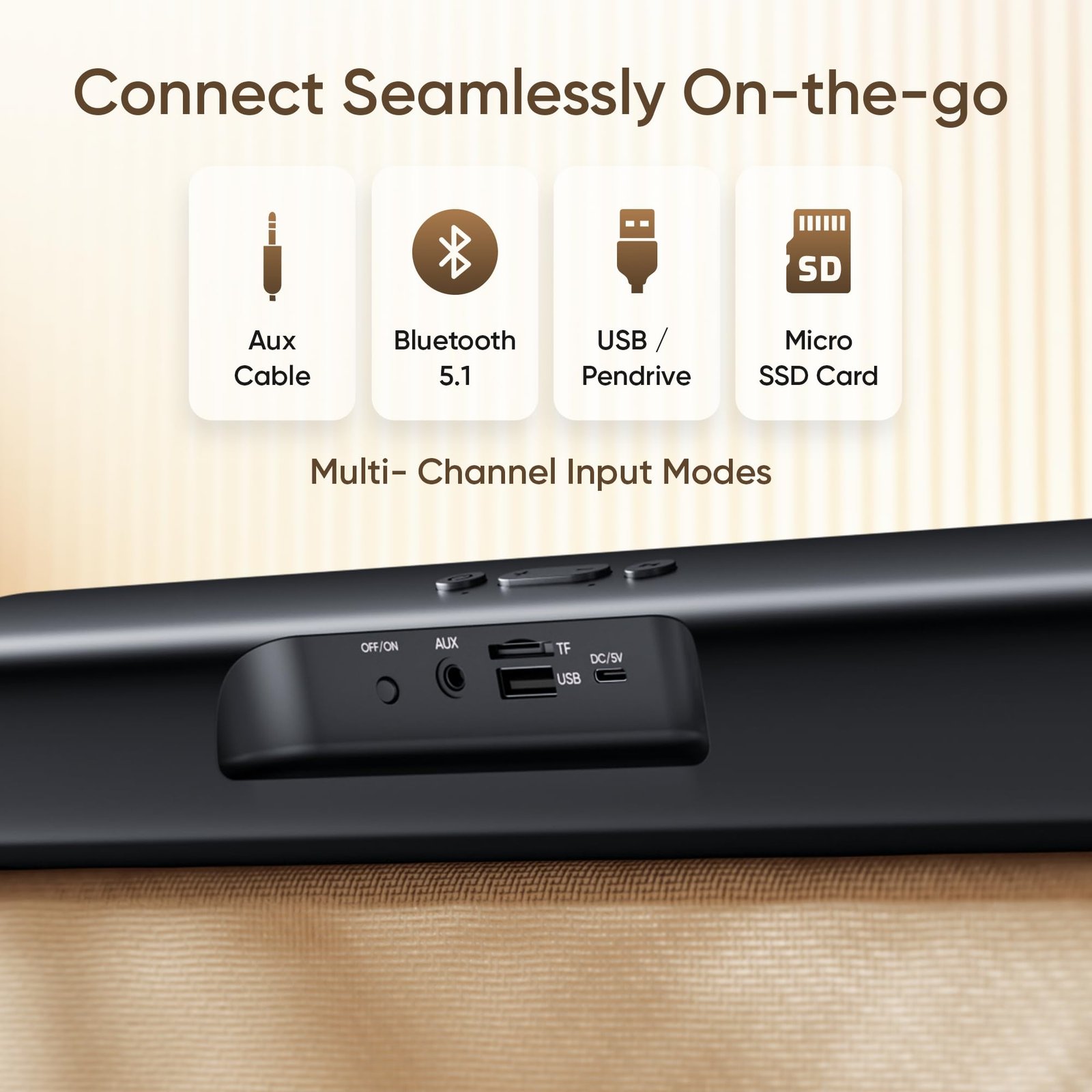 Mivi Fort Q18 Soundbar with 18W Bluetooth Speakers Soundbar, 2.0 Channel with 2 in-Built Full-Range Speakers, Multiple Input Modes, 6H Playtime, 2000mAh, Made in India Sound bar for TV - Image 4