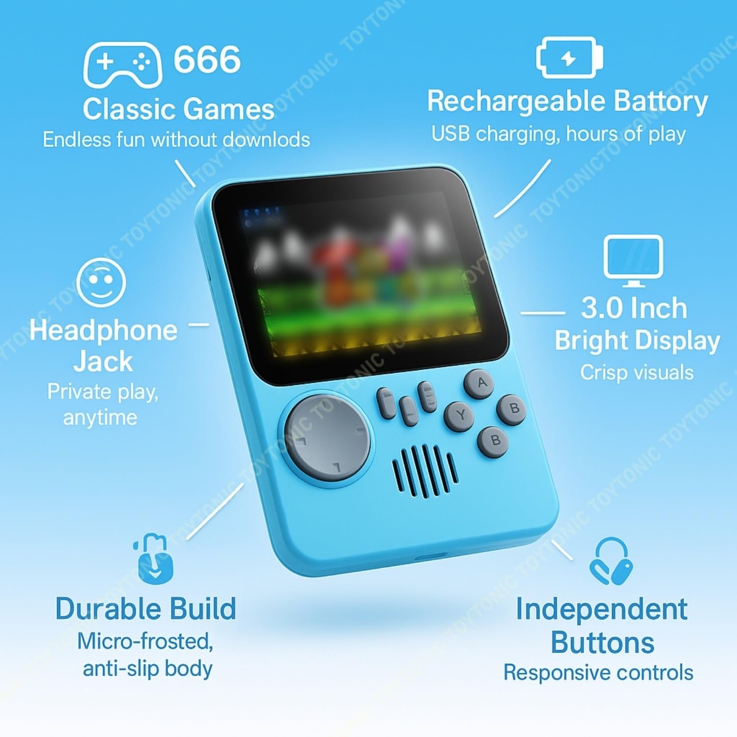 TOYTONIC Retro Handheld Gaming Console for Kids & Adults â 666-In-1 Built-in Classic Video Games â Rechargeable Game Console for Boys 7-14 Years â TV Output â Portable Toy Gift - Image 9