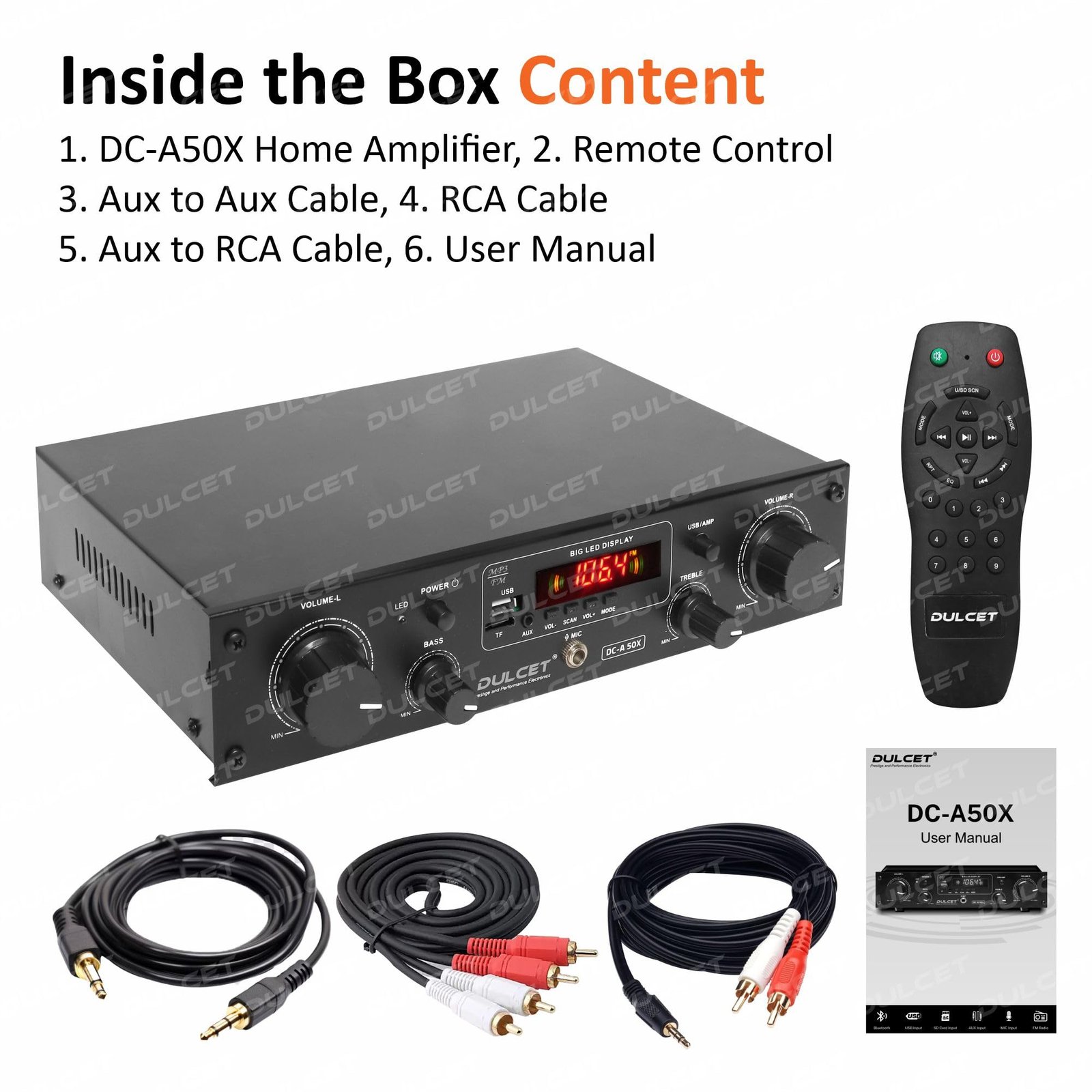 Dulcet DC-A50X 2 Channel Stereo Amplifier with Big LED Display/Bluetooth/MIC Input/USB/SD Card Slot/FM Radio/AUX Input/Remote Control & Built-in Equalizer with Bass, Treble & Balance Control