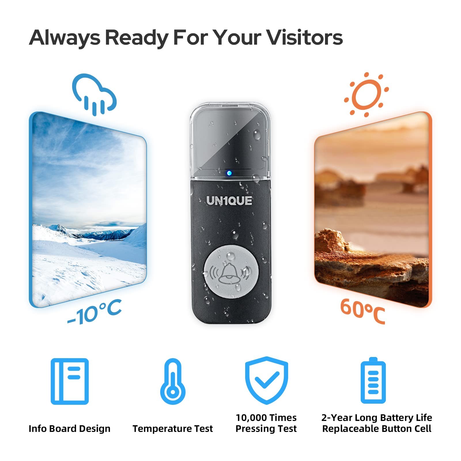 UN1QUE Wireless Door Bell for Home - Small Calling Bell for Office, 1000ft Long Range with 36 Chimes, 100dB Louder Volume, 4 Level Volume, LED Light, Info Board Design, IP44 Waterproof - Image 5