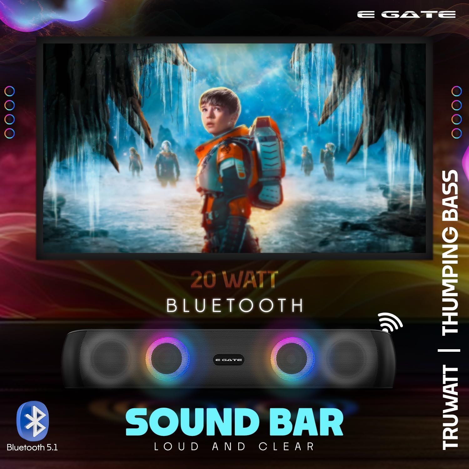 E GATE C210 | 20W Bluetooth Speaker Soundbar, Dual Drivers + Dual Passive Radiator for Extra bass, RGB Light, Upto 15 Hrs Backup from 2000mah Battery, Call Function, TWS, Aux, USB, FM - Image 9