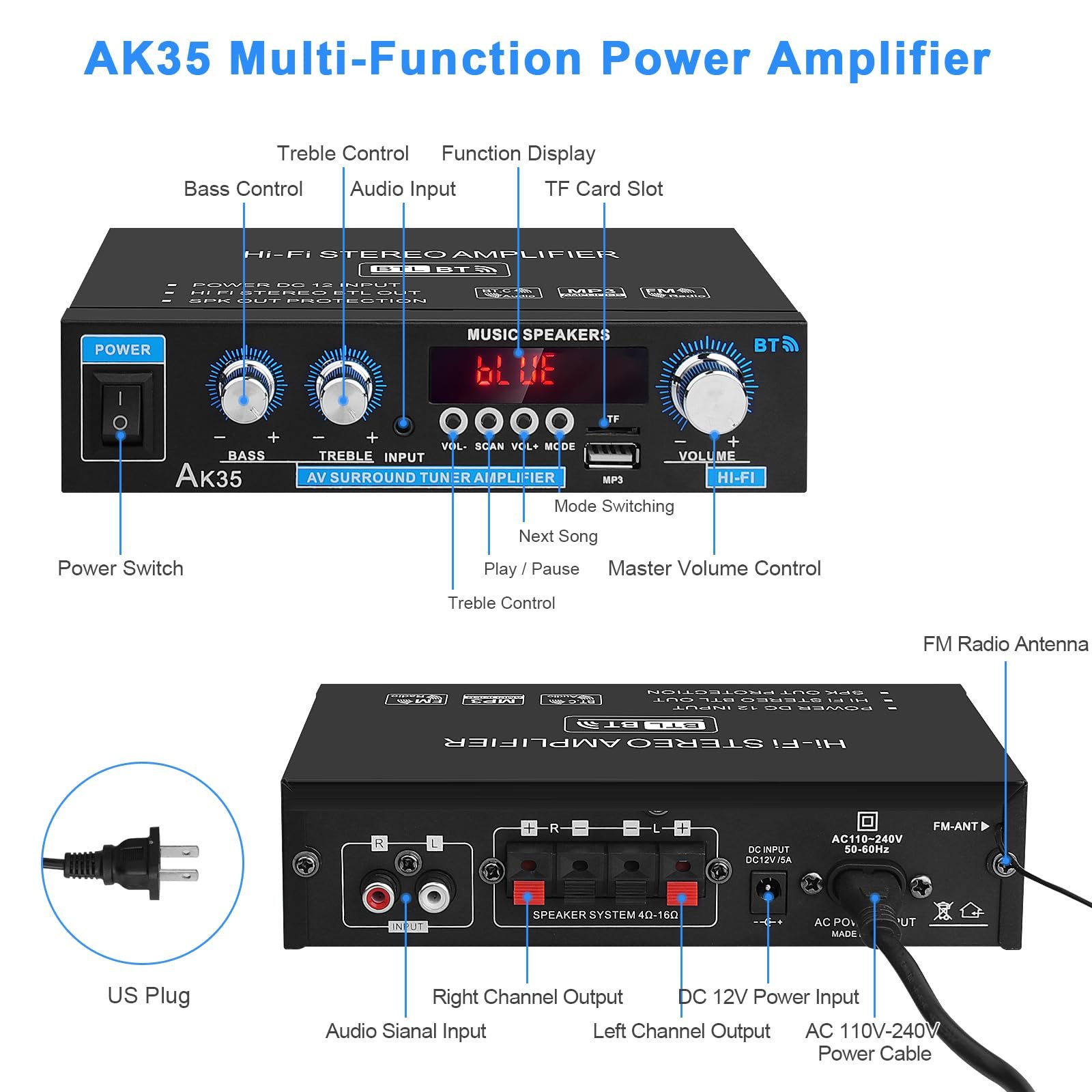 ARRAROWN Bluetooth Stereo Audio Amplifier Home: AK35 Wireless Digital Power Amplifier RMS 30W Max 200W 2.0 Channel BT Audio Amplifier Receiver for Home Speakers System(US Plug) - Image 3