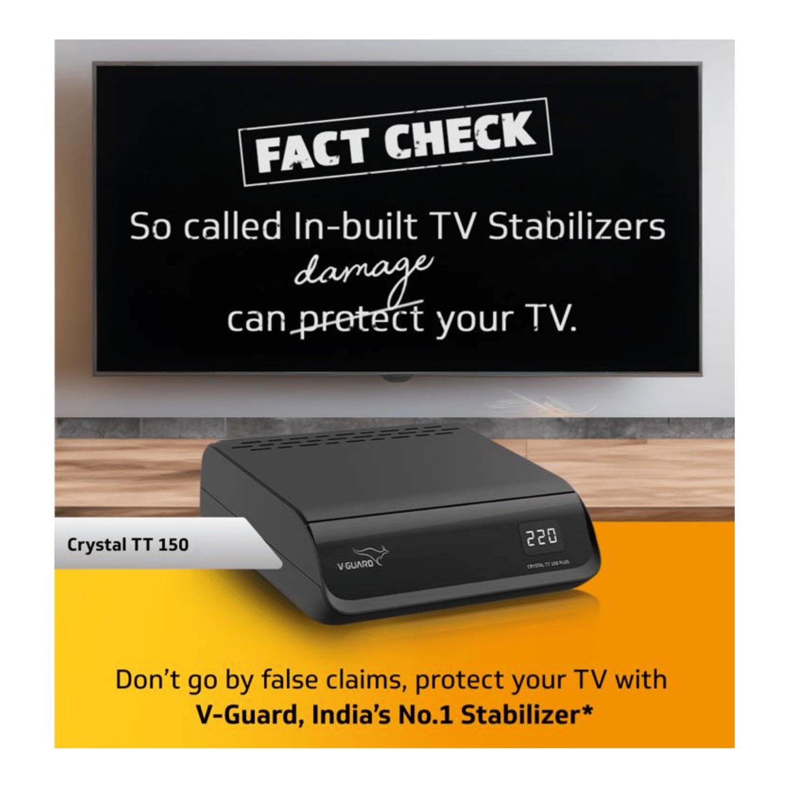 V-Guard Crystal TT 150 Plus TV Stabilizer with Digital Display for 203 cm (80″) TV + Set Top Box + Home Theatre System/Gaming Console (Working Range: 90-290 VAC; 3 A)