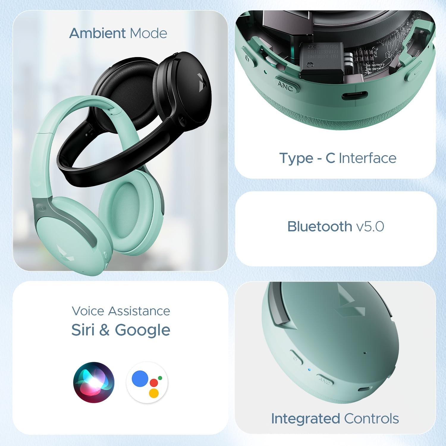 boAt Rockerz 551ANC, 100HRS Battery, Hybrid ANC(~35Db), Fast Charge, Ambient Sound Mode & Dual EQ Modes, Enx Tech, Bluetooth Headphones, Over Ear Wireless Headphone with Mic (Sage Green)