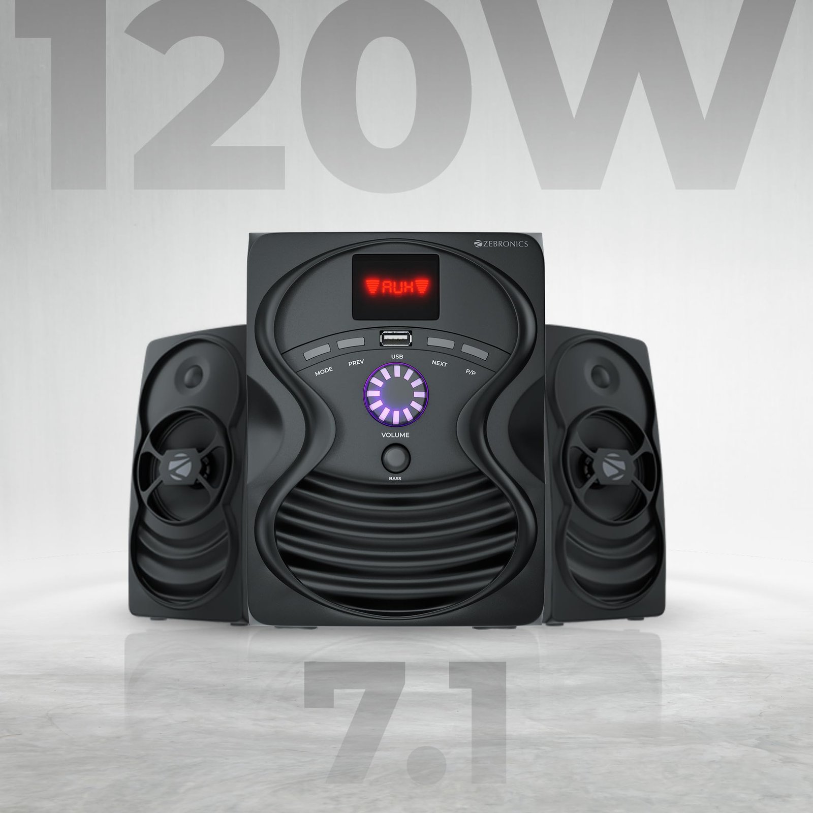 ZEBRONICS Omega 7.1 Home Theatre Speaker with 120W Output, Bluetooth v5.0, USB, AUX, FM Radio, Powerful Subwoofer, LED Display, Remote, Volume & Bass Control - Image 7