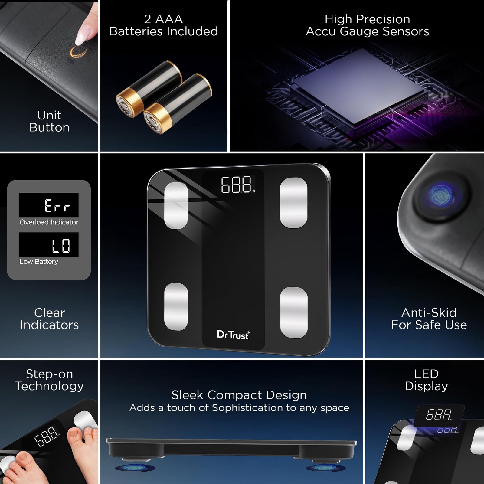 Dr Trust USA 526 Legend BMI Weight Scale & Body Fat Analyzer with IOS/Android App Sync,14 Essential Composition Metrics Weighing Machine for Home Health Monitoring (Black)