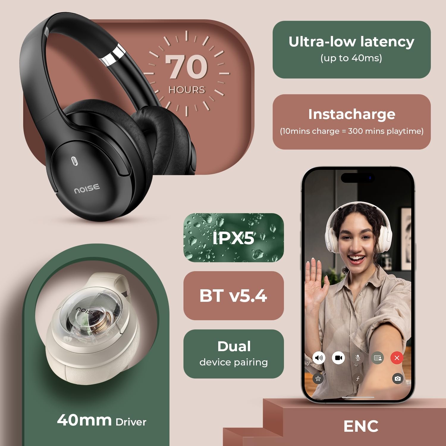 Noise Airwave Max 4 Wireless Over Ear Headphones with 70H Playtime, ENC, 40mm Driver, Low Latency(up to 40ms), Dual Pairing, BT v5.4 (Calm Beige) - Image 6