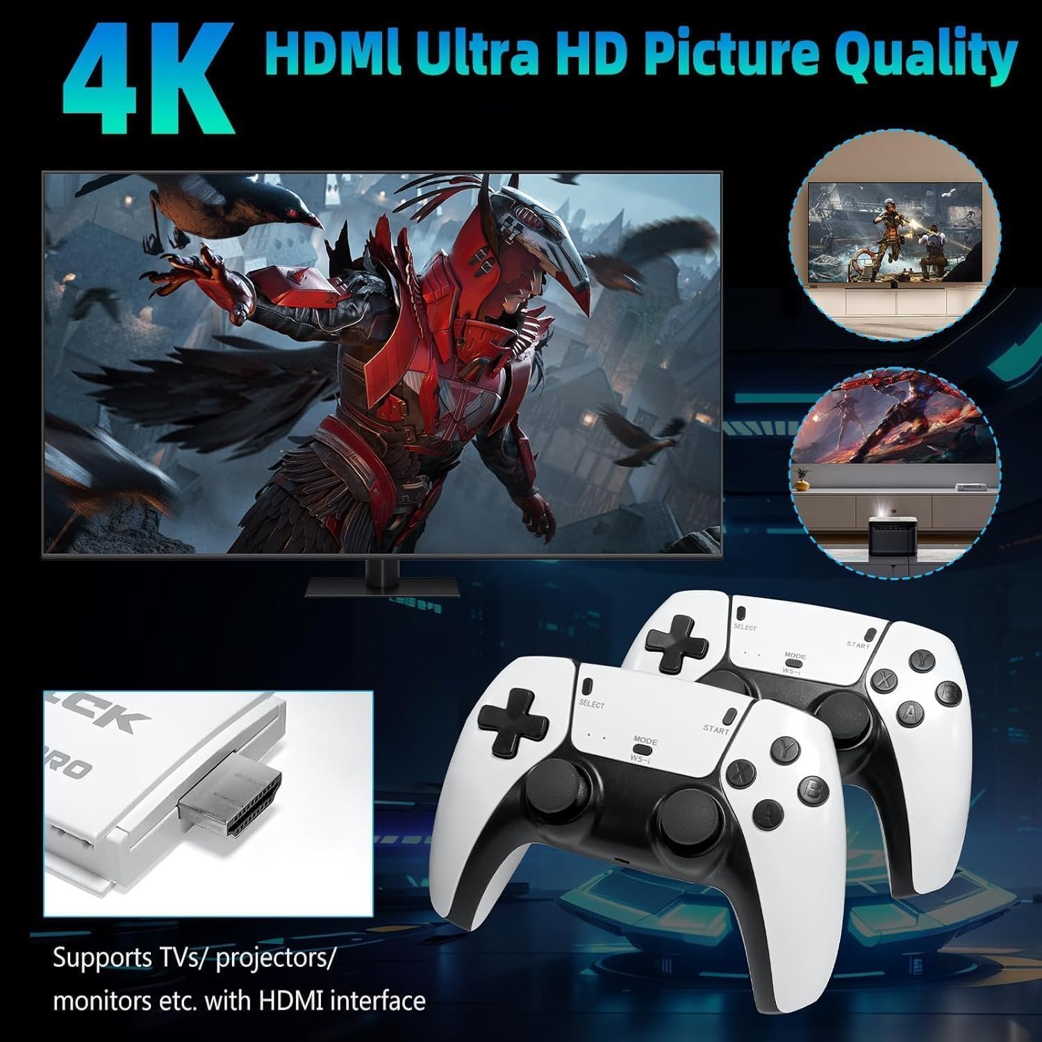 esportic 4K Pro Stick Retro Video Game Console, 20,000+ Built-in Games, 64GB TF Card, 2.4GHz Wireless Controllers, HDMI Output,2 Player, Plug & Play, Perfect Christmas, Birthday Gift, - Image 6