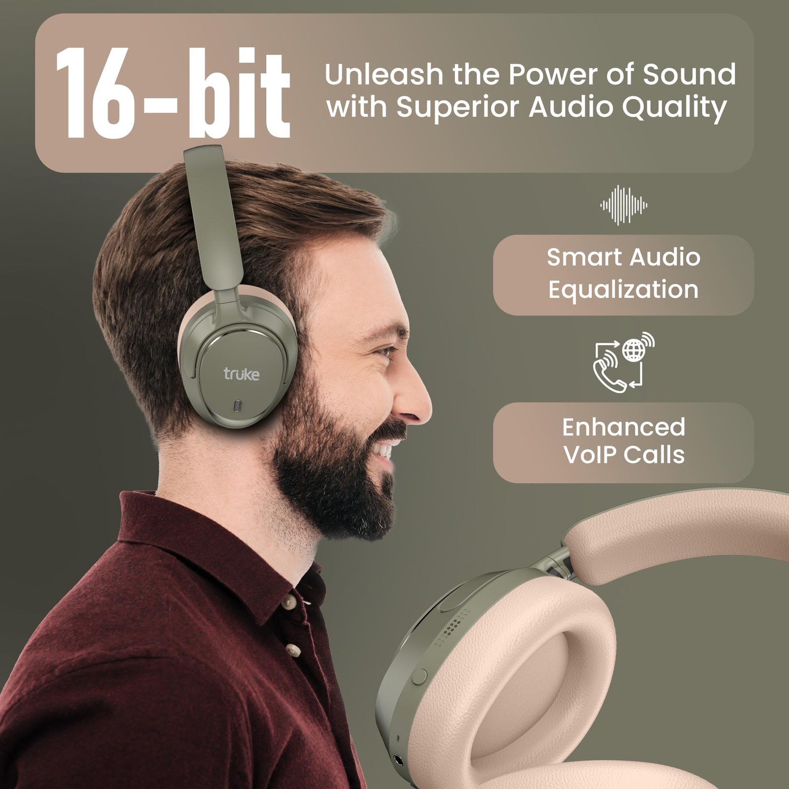 truke New Launch Aura Bass V2 Over The Ear Headphone with 50H of Playtime, 40mm Titanium Drivers, Dual Pairing Headset, 40ms Ultra Low Latency, ENC, Premium Design & Comfort - Forest Green - Image 7