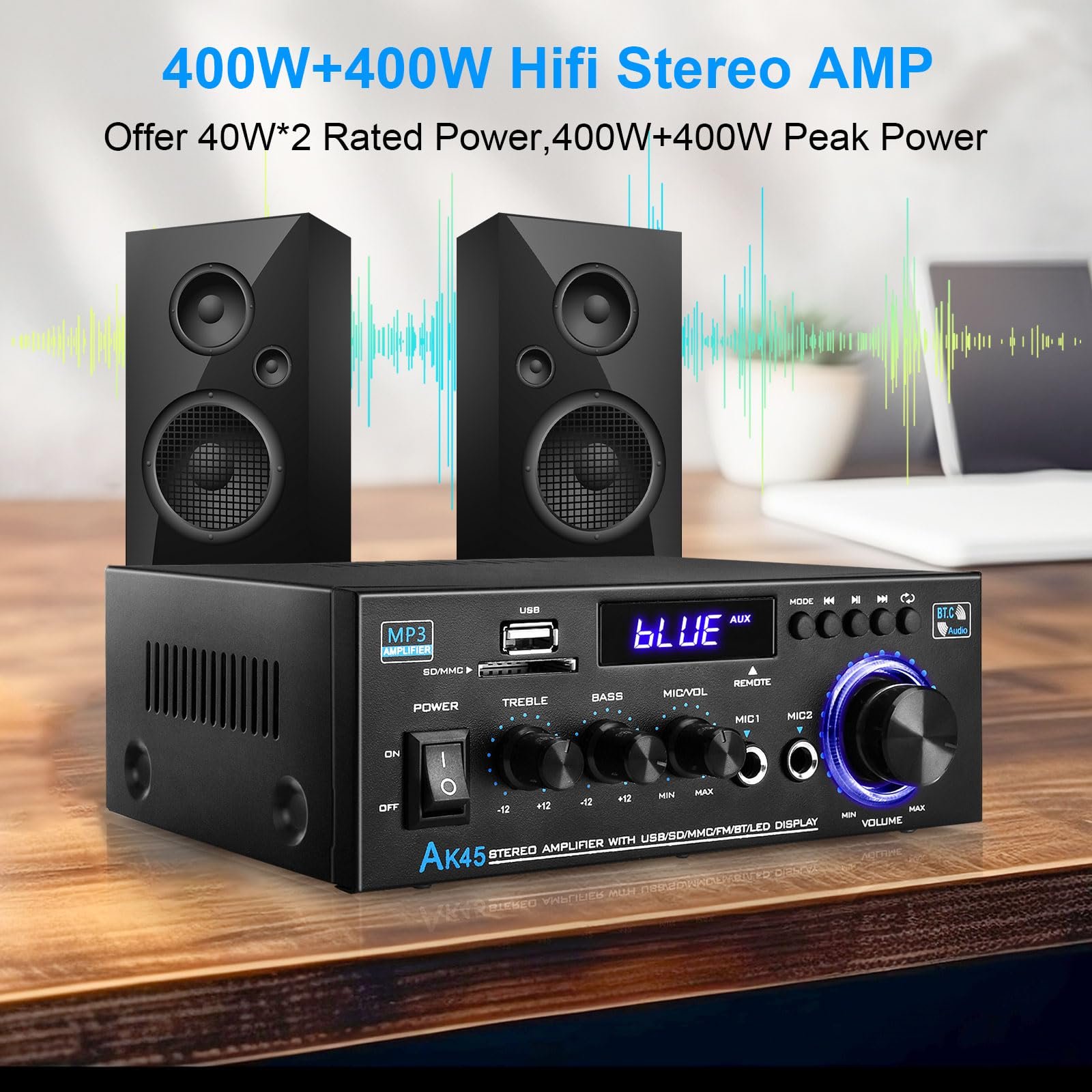 KKMOL - Hifi Stereo Amplifier, AK45 Mini Bluetooth Radio Audio Amplifier Receiver, Wiimp Amp, 12V/220V, 400W, 2 Channels, Digital Sound Amplifier with USB, SD Card, Remote Control - Image 8