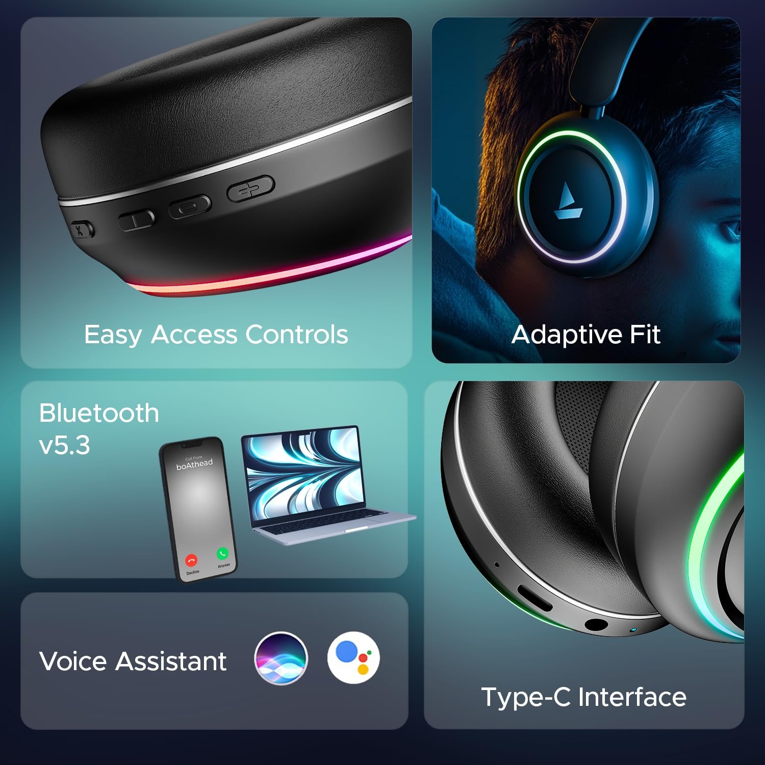 boAt Rockerz 480, RGB LEDs,6 Light Modes, 40mm Drivers,Beast Mode, 60H Battery, ENx Tech, Stream Ad Free Music via App Support, Bluetooth Headphones, Wireless Over Ear Headphone with Mic (Black Sabre)