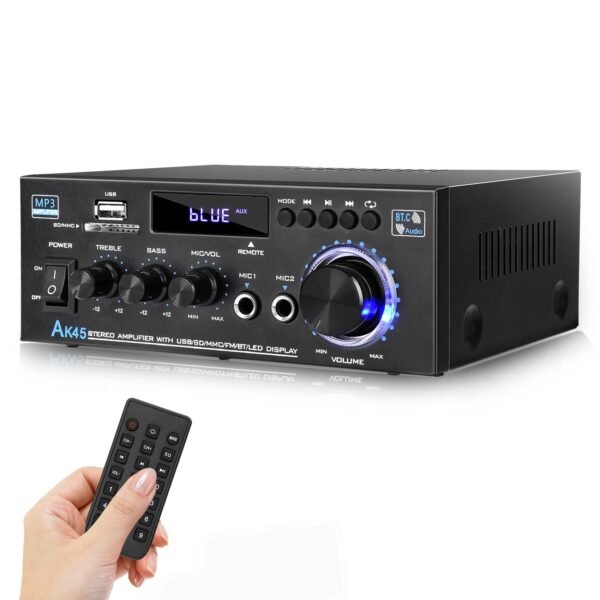 KKMOL - Hifi Stereo Amplifier, AK45 Mini Bluetooth Radio Audio Amplifier Receiver, Wiimp Amp, 12V/220V, 400W, 2 Channels, Digital Sound Amplifier with USB, SD Card, Remote Control
