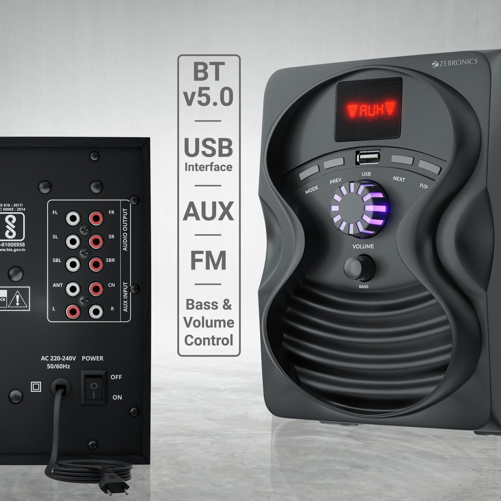 ZEBRONICS Omega 7.1 Home Theatre Speaker with 120W Output, Bluetooth v5.0, USB, AUX, FM Radio, Powerful Subwoofer, LED Display, Remote, Volume & Bass Control - Image 5