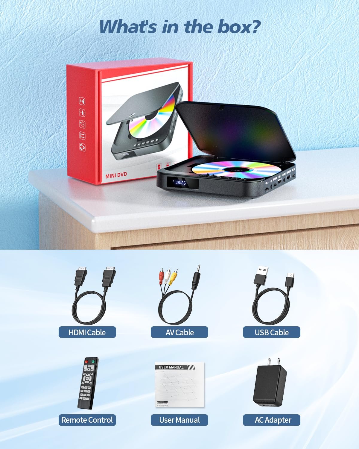 DESOBRY Mini HDMI DVD Player – Compact HD 1080P for Smart TV, All Regions, CD/DVD Player with AV Output, USB/TF Card Input