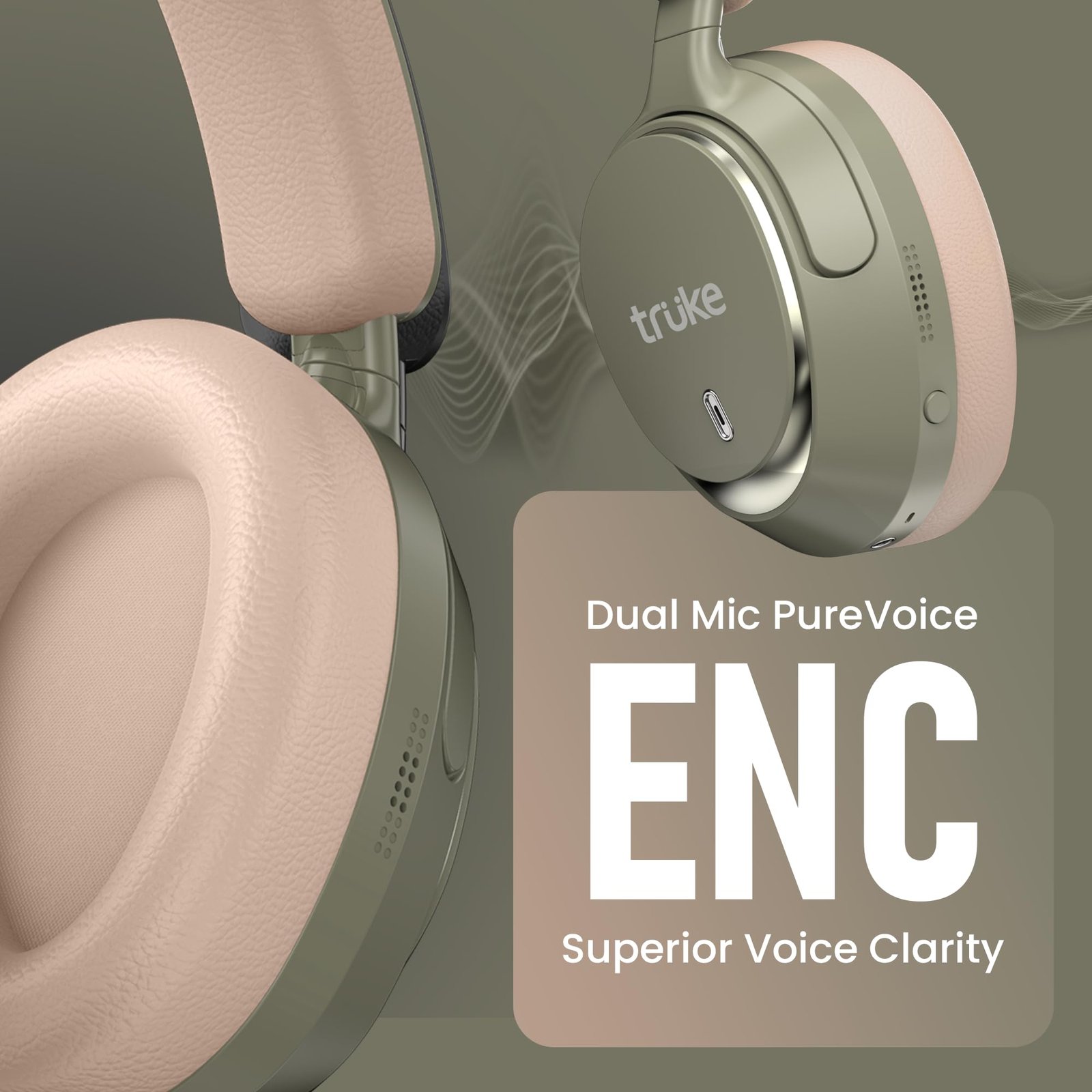 truke New Launch Aura Bass V2 Over The Ear Headphone with 50H of Playtime, 40mm Titanium Drivers, Dual Pairing Headset, 40ms Ultra Low Latency, ENC, Premium Design & Comfort - Forest Green - Image 3