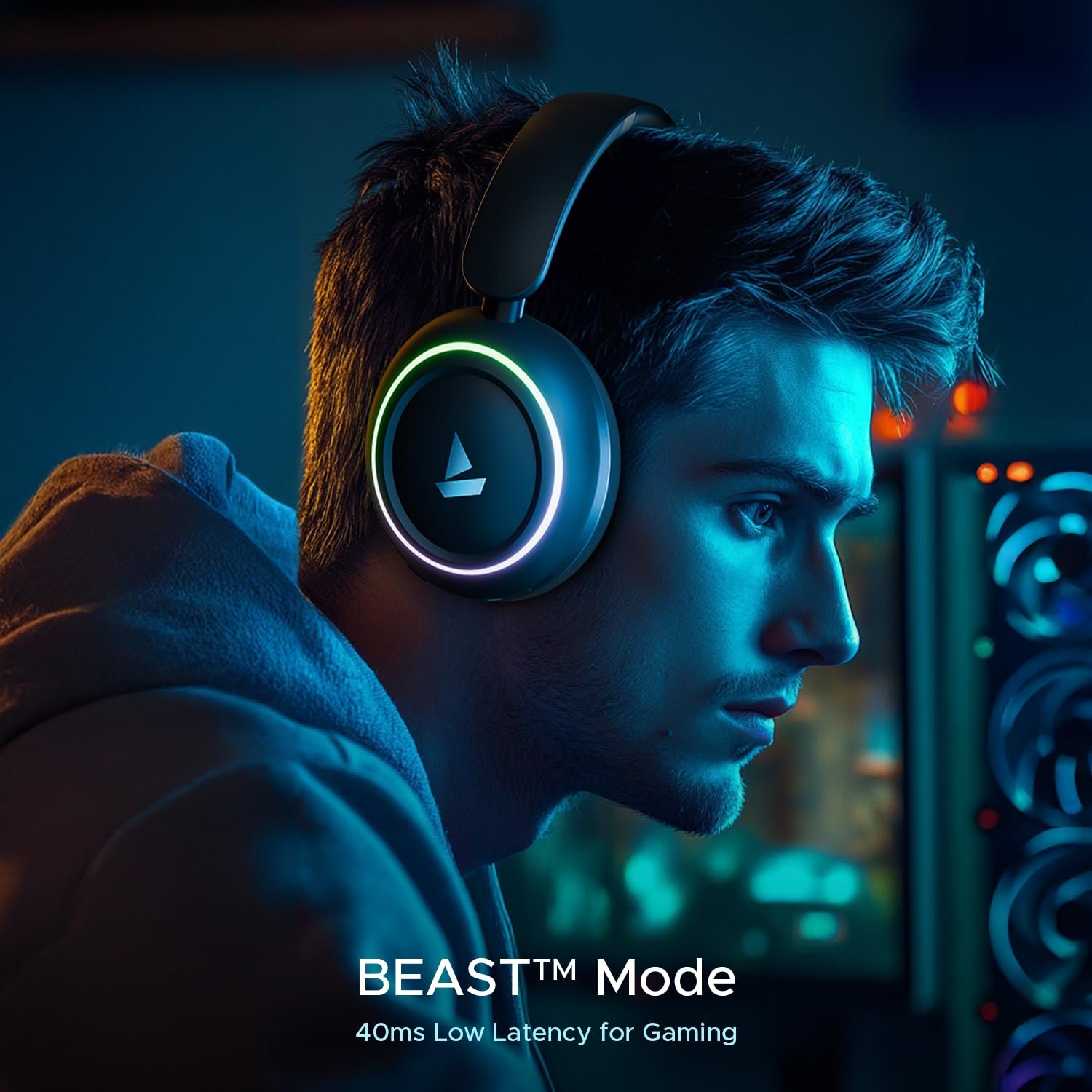 boAt Rockerz 480, RGB LEDs,6 Light Modes, 40mm Drivers,Beast Mode, 60H Battery, ENx Tech, Stream Ad Free Music via App Support, Bluetooth Headphones, Wireless Over Ear Headphone with Mic (Black Sabre) - Image 6
