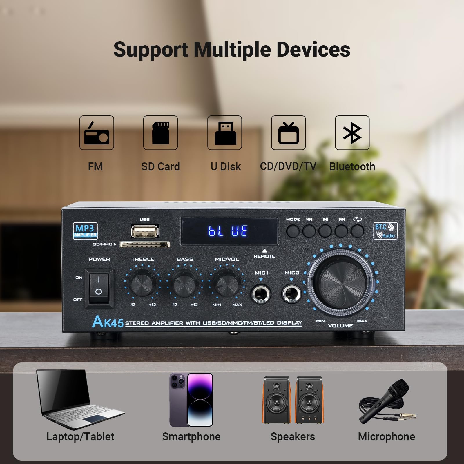 Stereo Receiver & Amplifier Home Audio Amp, AK45 Bluetooth Receiver for Home Stereo, 300Wx2, Bluetooth 5.0, 2 Channel, w/FM & Karaoke, w/USB/SD/RCA/MIC/FM in, w/Remote, for Garage Party Market - Image 5