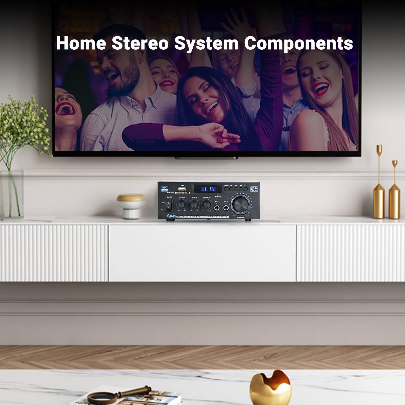 Stereo Receiver & Amplifier Home Audio Amp, AK45 Bluetooth Receiver for Home Stereo, 300Wx2, Bluetooth 5.0, 2 Channel, w/FM & Karaoke, w/USB/SD/RCA/MIC/FM in, w/Remote, for Garage Party Market - Image 3