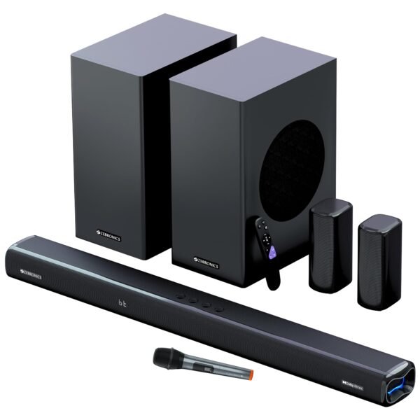 ZEBRONICS Juke BAR 9850 5.2.4 CH Soundbar, 725 Watts, Dolby Atmos, HDMI eARC, Optical, Dual Wireless (Subwoofer + Satellites), Wireless UHF Microphone, RGB LED, Powerful Bass