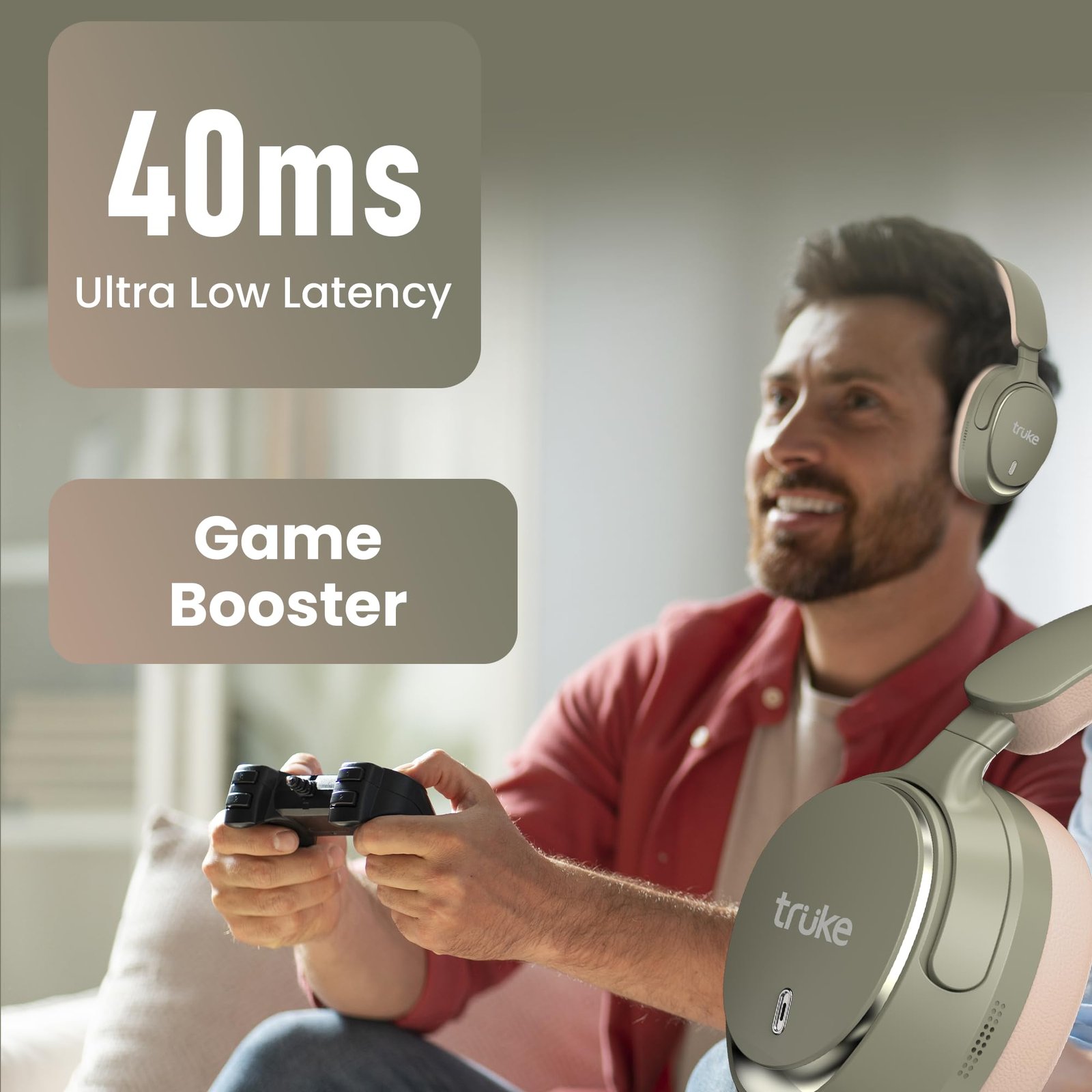 truke New Launch Aura Bass V2 Over The Ear Headphone with 50H of Playtime, 40mm Titanium Drivers, Dual Pairing Headset, 40ms Ultra Low Latency, ENC, Premium Design & Comfort - Forest Green - Image 4