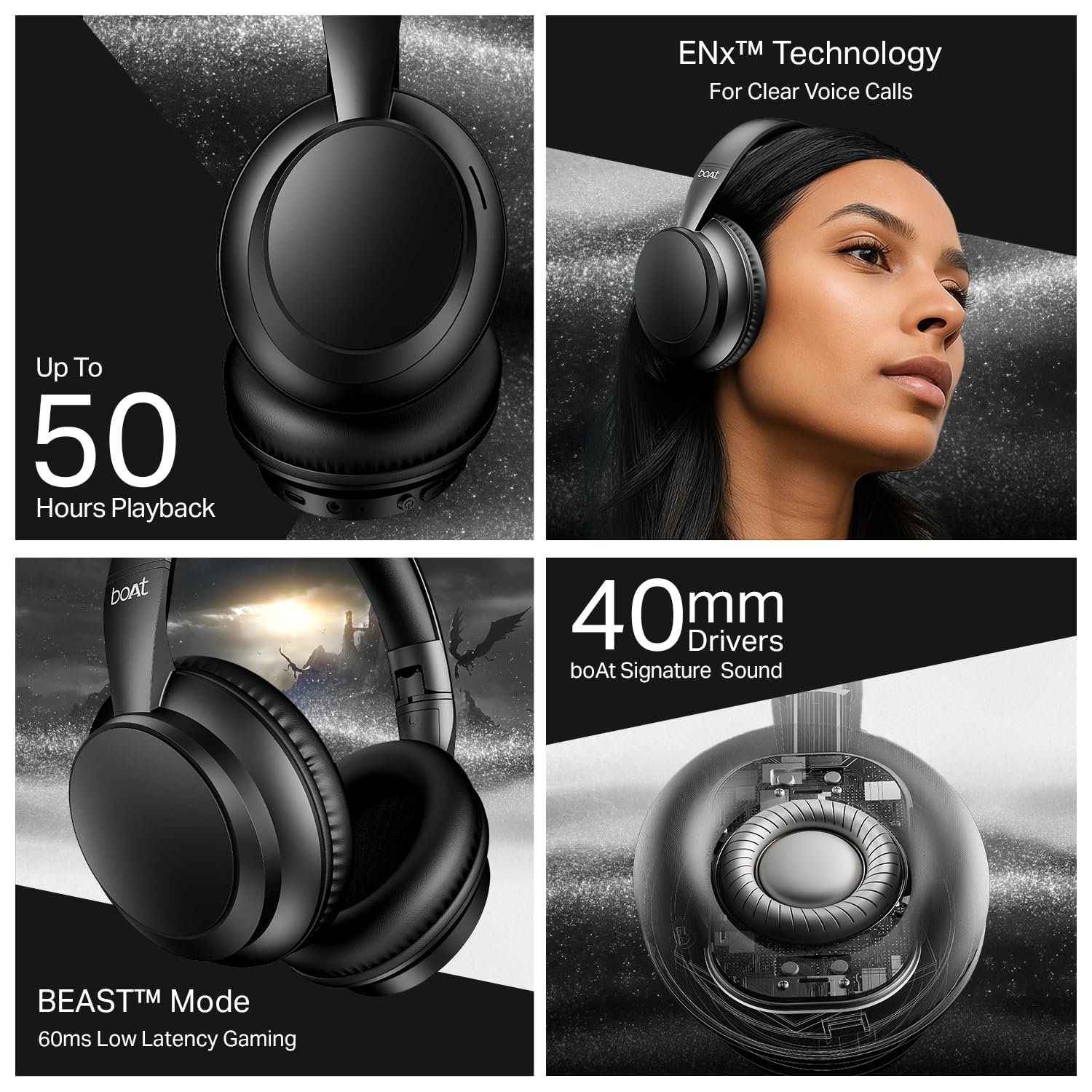 Boat 2025 Launch Rockerz 371, 40mm Drivers, 50hrs Battery, 60ms Low Latency, ENx Tech, BT v5.4, Foldable Cups, Voice Assistant, Bluetooth Headphones, Wireless Headphone with Mic (Black Sabre) - Image 7