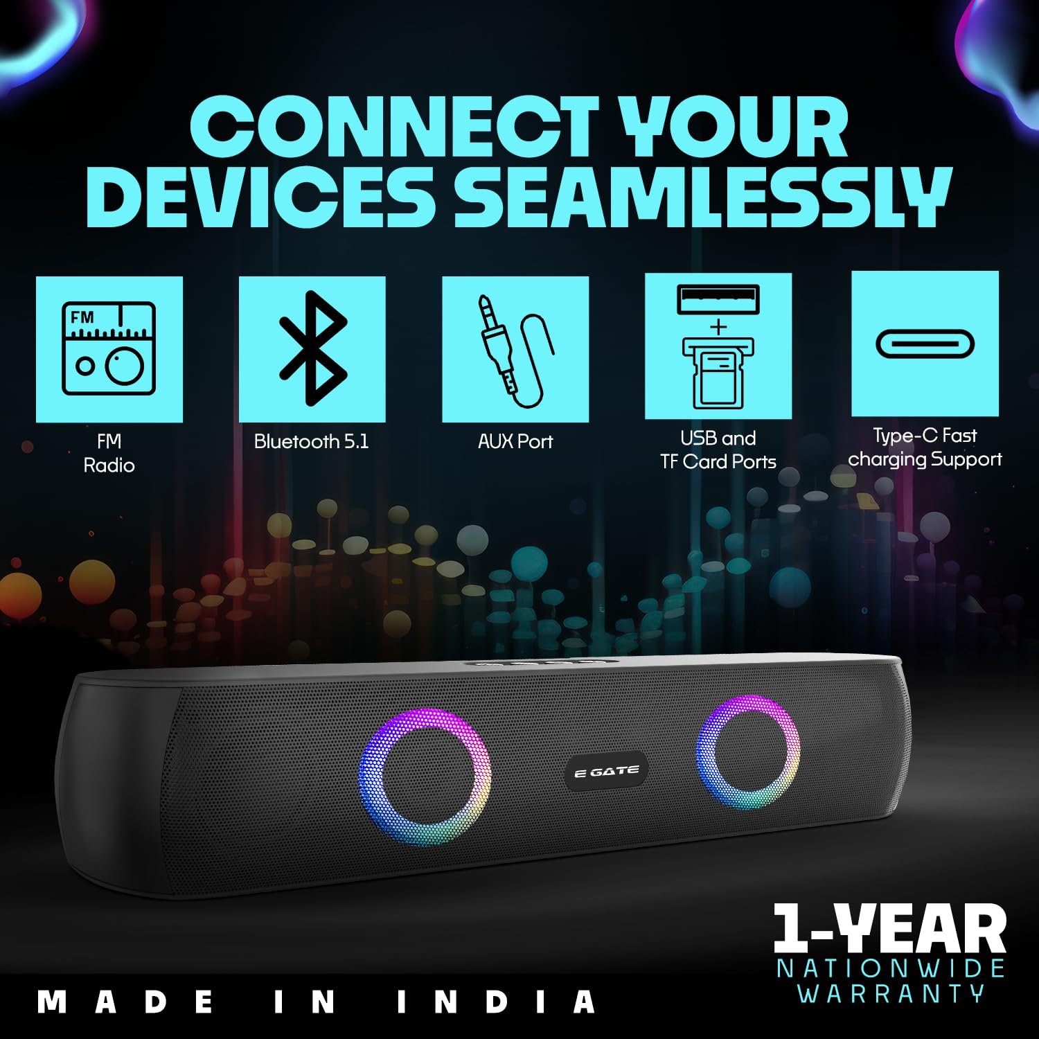 E GATE C210 | 20W Bluetooth Speaker Soundbar, Dual Drivers + Dual Passive Radiator for Extra bass, RGB Light, Upto 15 Hrs Backup from 2000mah Battery, Call Function, TWS, Aux, USB, FM - Image 3