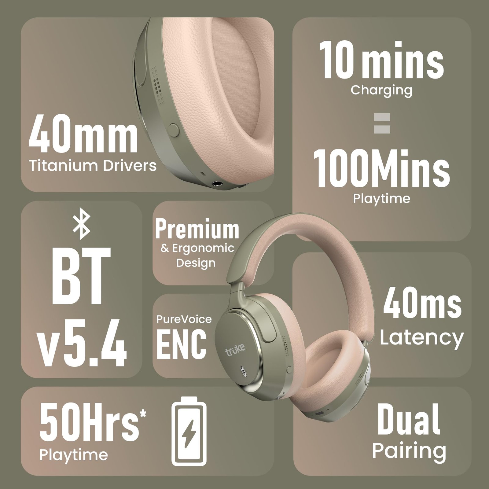 truke New Launch Aura Bass V2 Over The Ear Headphone with 50H of Playtime, 40mm Titanium Drivers, Dual Pairing Headset, 40ms Ultra Low Latency, ENC, Premium Design & Comfort - Forest Green - Image 9