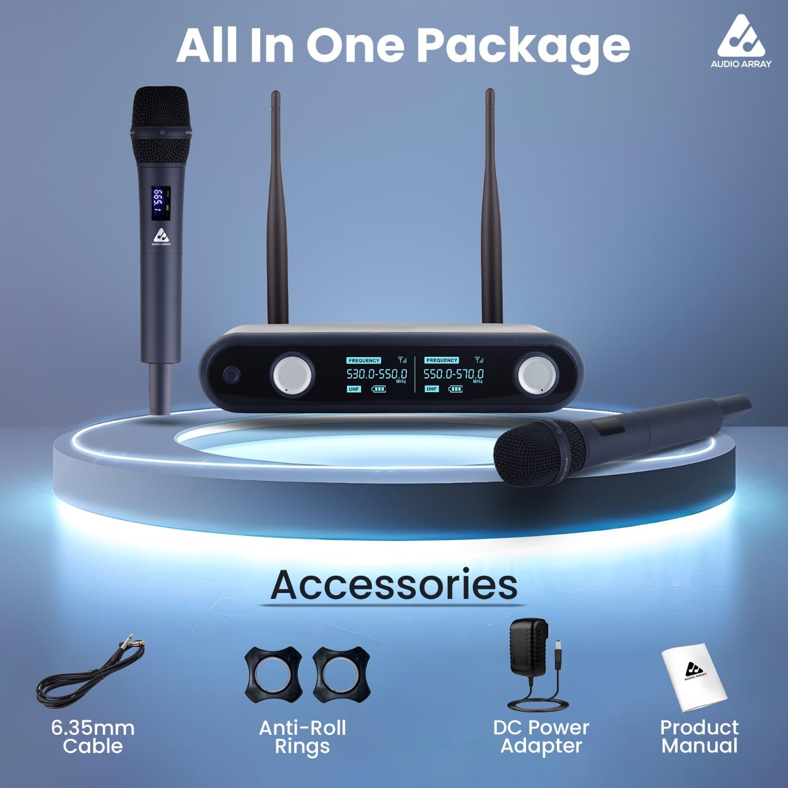 Audio Array AM-W36 UHF Dual Wireless Premium Metal Microphone with Charging | 2X XLR Outs & 1/4″ Mix Out | 328ft/100M Range | Karaoke Singing, Wedding, Events | PA System, Amplifier, Mixer, Party Box