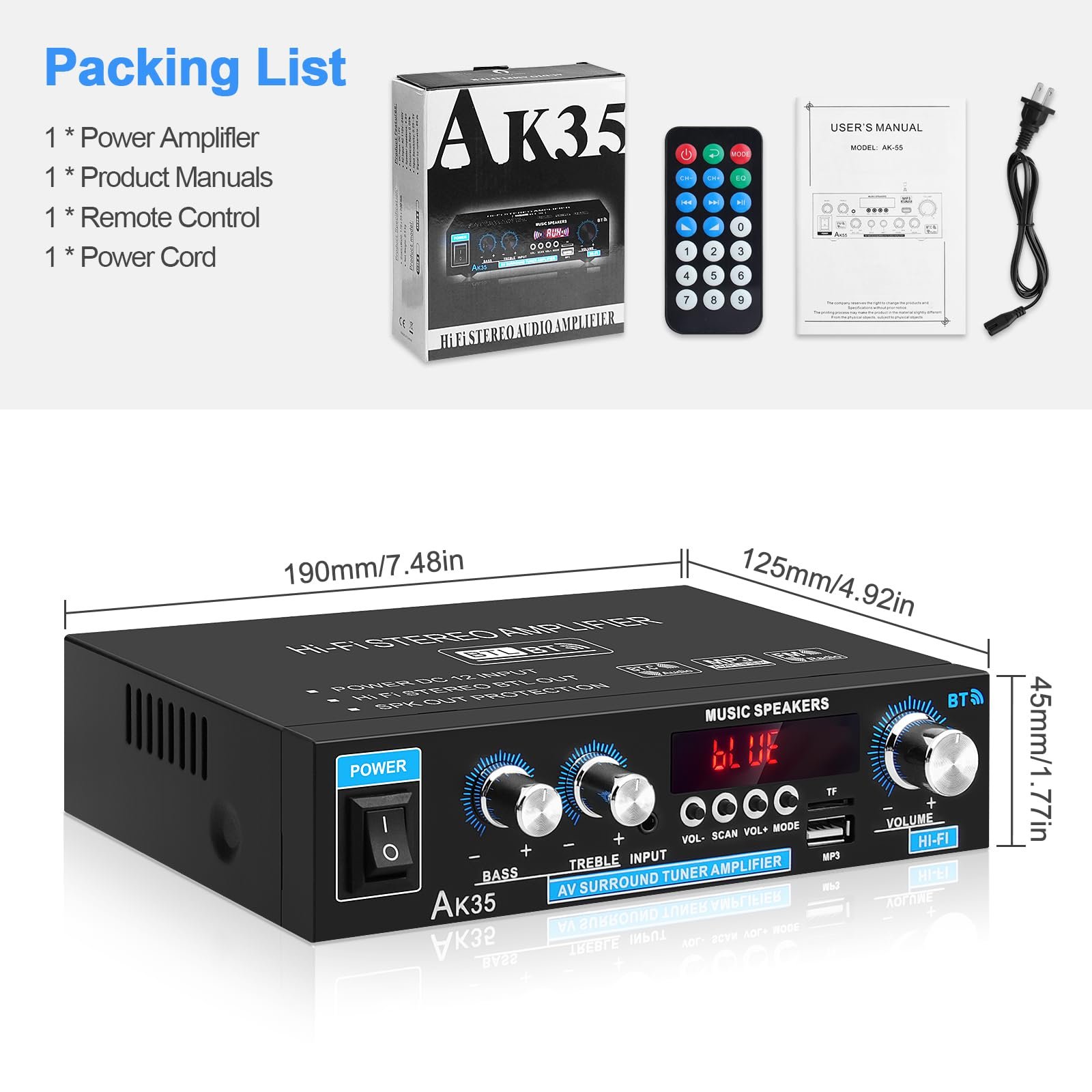 ARRAROWN Bluetooth Stereo Audio Amplifier Home: AK35 Wireless Digital Power Amplifier RMS 30W Max 200W 2.0 Channel BT Audio Amplifier Receiver for Home Speakers System(US Plug)