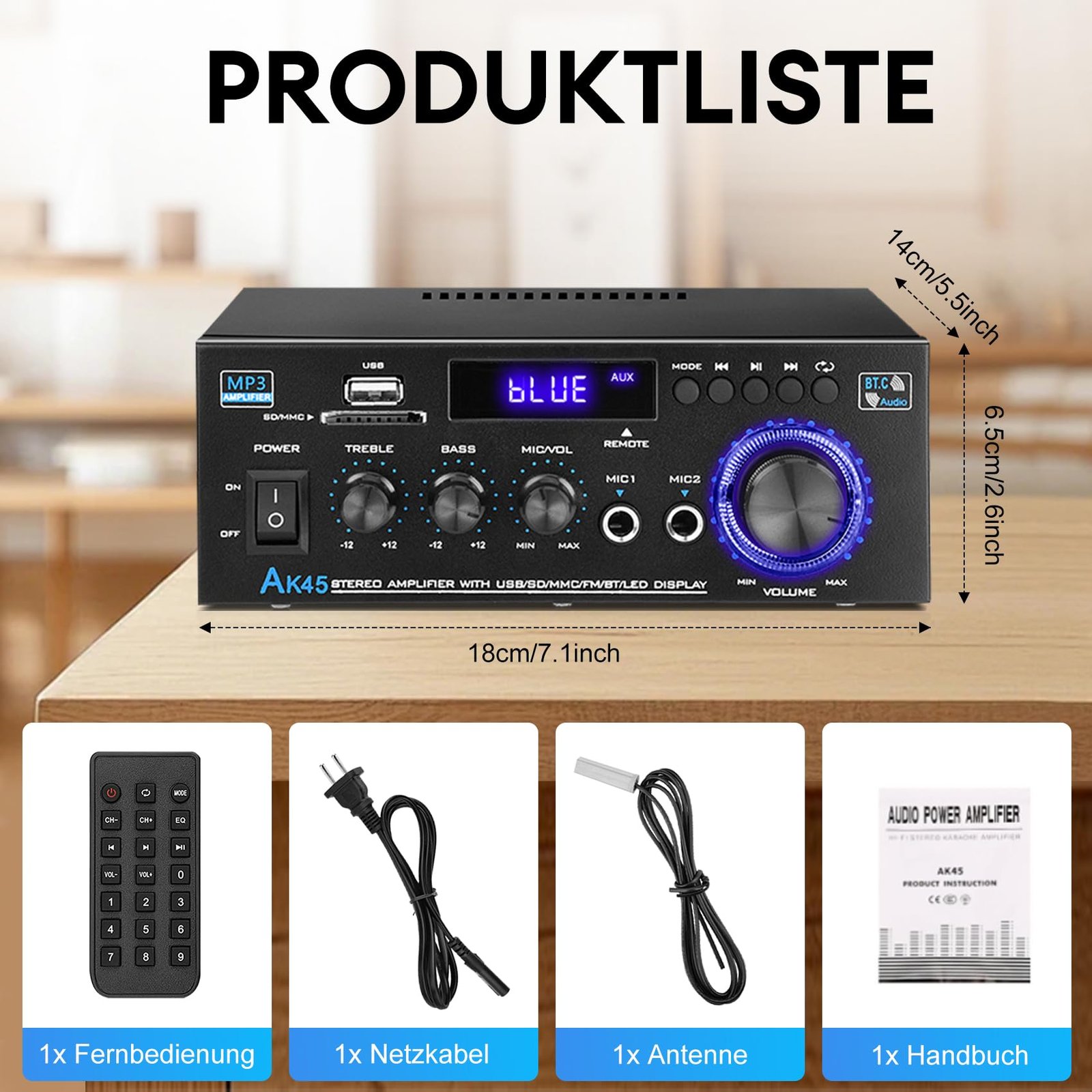 KKMOL – Hifi Stereo Amplifier, AK45 Mini Bluetooth Radio Audio Amplifier Receiver, Wiimp Amp, 12V/220V, 400W, 2 Channels, Digital Sound Amplifier with USB, SD Card, Remote Control