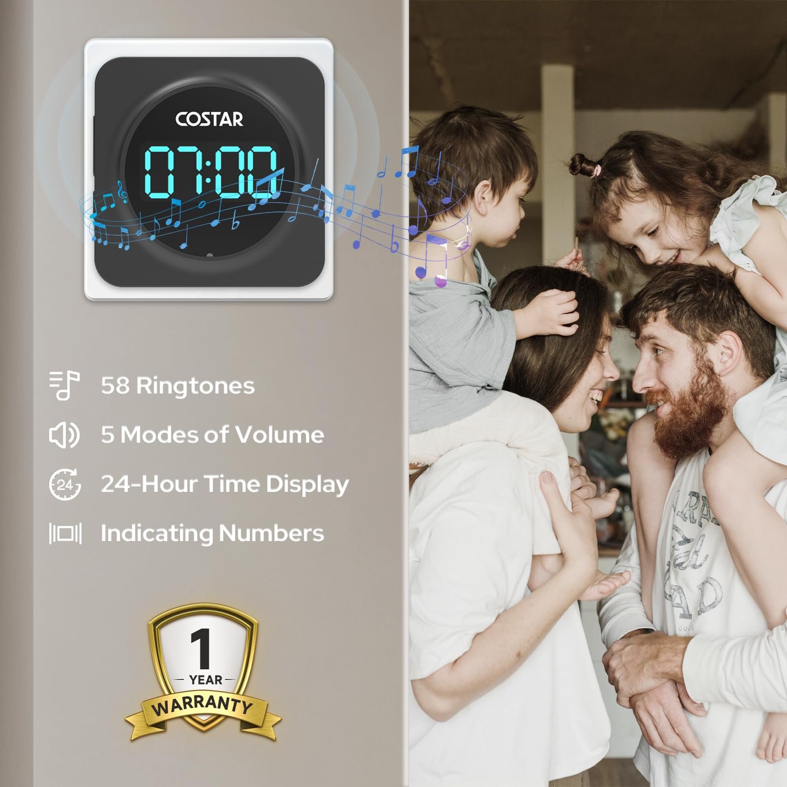 Costar Door Bell - Calling Bell Wireless with 24-Hour Time Display, Wireless Doorbell for Home, 1000ft Range Operating with 58 Chimes, 5 Levels Adjustable Volume(Pebble 700 Black) - Image 5