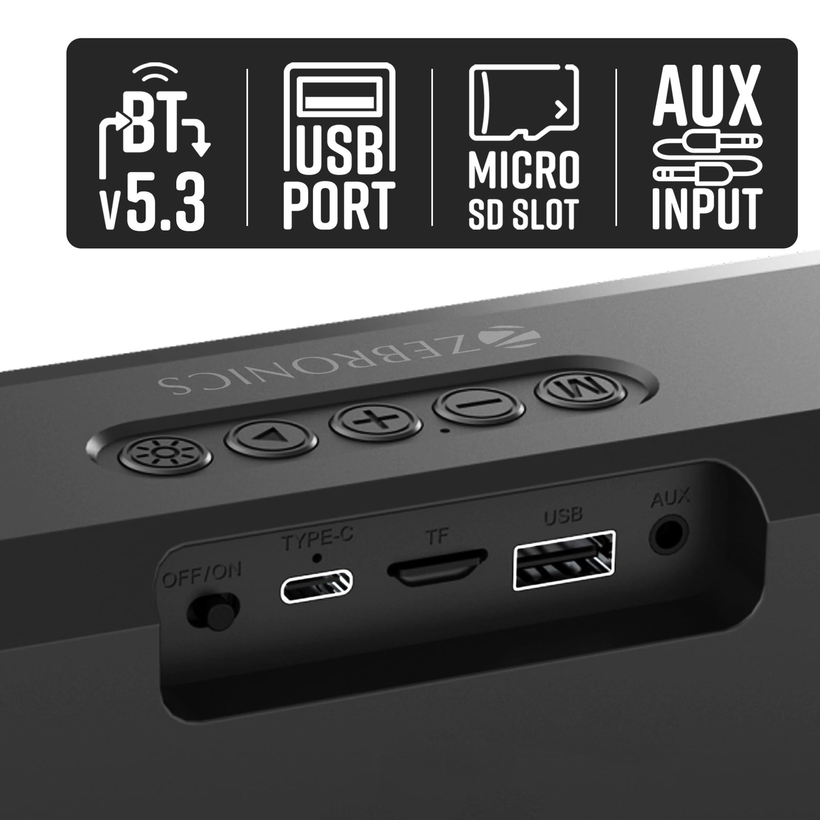 ZEBRONICS VITA BAR 150 Wireless Bluetooth Soundbar, 20W RMS, 2.0 Channel, Dual (52mm Driver & Passive Radiator), Upto 8 Hours Playback, Built in Battery, BTv5.3 | USB | mSD | AUX | | TWS, RGB LED - Image 3